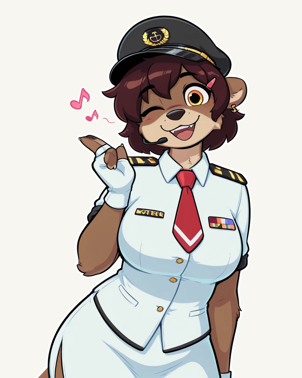 masterpiece,best quality,amazing quality, furry female, otter, female, furry, short hair, yellow eyes, red necktie, dark brown hair, hairclip, , military, white uniform, earrings, white skirt, wink, fingerless gloves, solo, open smile, musical note, happy, looking at viewer, three-quarter view, head tilt, white gloves, headset, hairclip, black hat, brown body, white outline, simple background, <lora:Cobalt_Snow_Ill:0.6> <lora:The-Minuscule-Task_Style_Lora_Illustrious:0.4> <lora:goopystem_ILL:0.5> <lora:Pearl_Aurora_WirelessShiba:1>