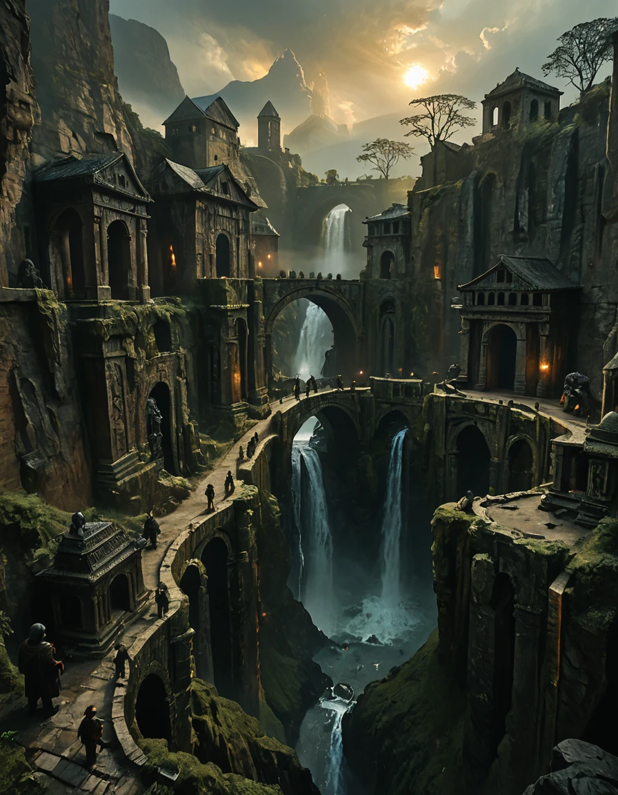 <lora:MW_Dwarven_p1_pony:1> MWD01D, masterpiece, absurdres, 8k, insanely detailed, sharp focus, pitch black, very dark, in a huge dark underground carvern, old bridges over an endless foggy precipice, carved rocky walls and cracked rocky stone columns, a few faint torches, above the shoulder view, worn dusty statue silhouette of an old dwarf warrior on the side, ancient carved dwarven architecture, dusty, lost forgotten ambiance, shadows in the dark, lots of mist, multi levels, fantasy, white, gold, black, T2, T10, landscape, mountains, waves, rocks, tree, vegetation, moss, rough sea, waterfall, ruins, sunset, blue, orange, yellow, brown,