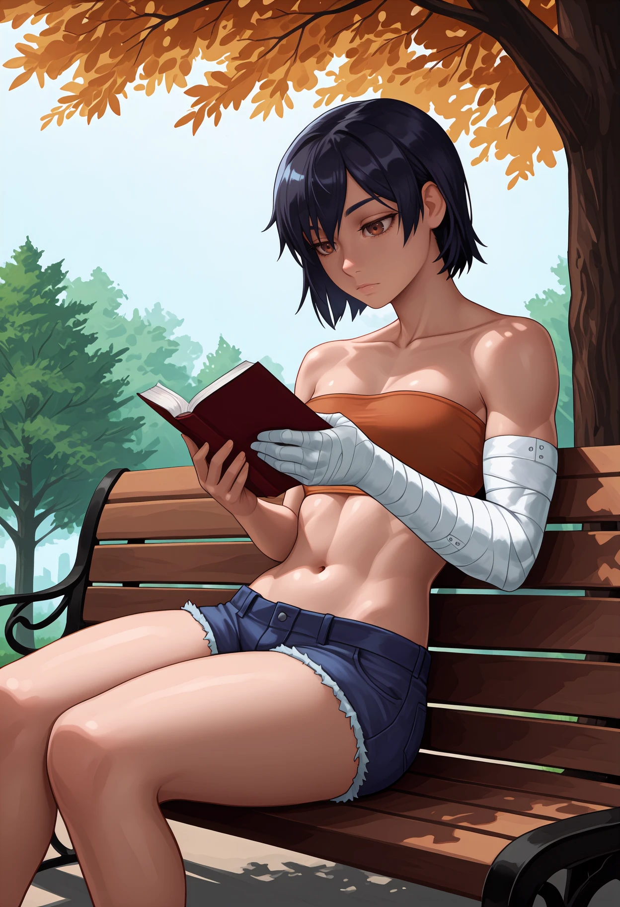 newest, feet out of frame, solo, 1girl, expressionless, looking at object, reading, sitting, park bench, holding book, open book, short hair, black hair, brown eyes, orange bandeau, bandaged arm, blue shorts, denim shorts, short shorts, cutoffs, shoulders, collarbone, stomach, navel, , outdoors, day, tree
<segment:yolo-Anzhc Face seg 640 v3 y11n.pt,0.55,0.5//cid=11>