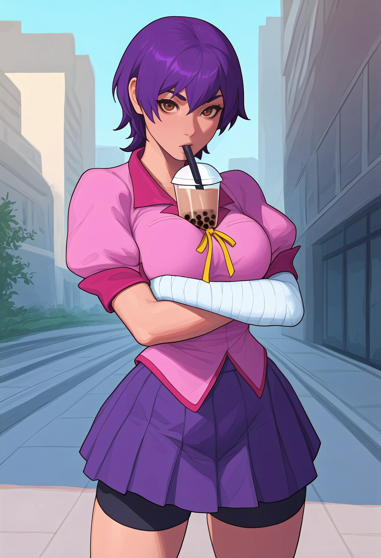 newest, solo, 1girl, looking at viewer, standing, bubble tea challenge, drinking straw in mouth, crossed arms, short hair, purple hair, brown eyes, pink shirt, neck ribbon, yellow ribbon, puffy short sleeves, bandaged arm, purple skirt, pleated skirt, miniskirt, black shorts, bike shorts, short shorts, , outdoors, day, urban, sidewalk, building
<segment:yolo-Anzhc Face seg 640 v3 y11n.pt,0.55,0.5//cid=11>