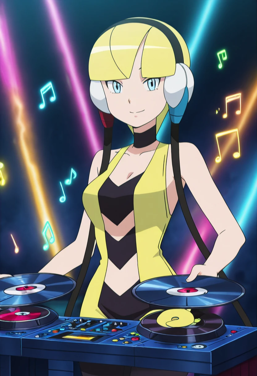 masterpiece, best quality, solo, curvy, beautiful eyes, narrow waist, wide hips, 1girl, solo, smile, looking at viewer, zzElesa, blonde hair, short hair, blunt bangs, headphones, short dress, bare arms, navel, black pantyhose, <lora:ElesaPokemonBW:1.0>, , solo, looking at viewer, smile, AdFF, turntable, blue theme, (music notes, upper body), <lora:AudioFileFuture_IXL_v1:1.0>