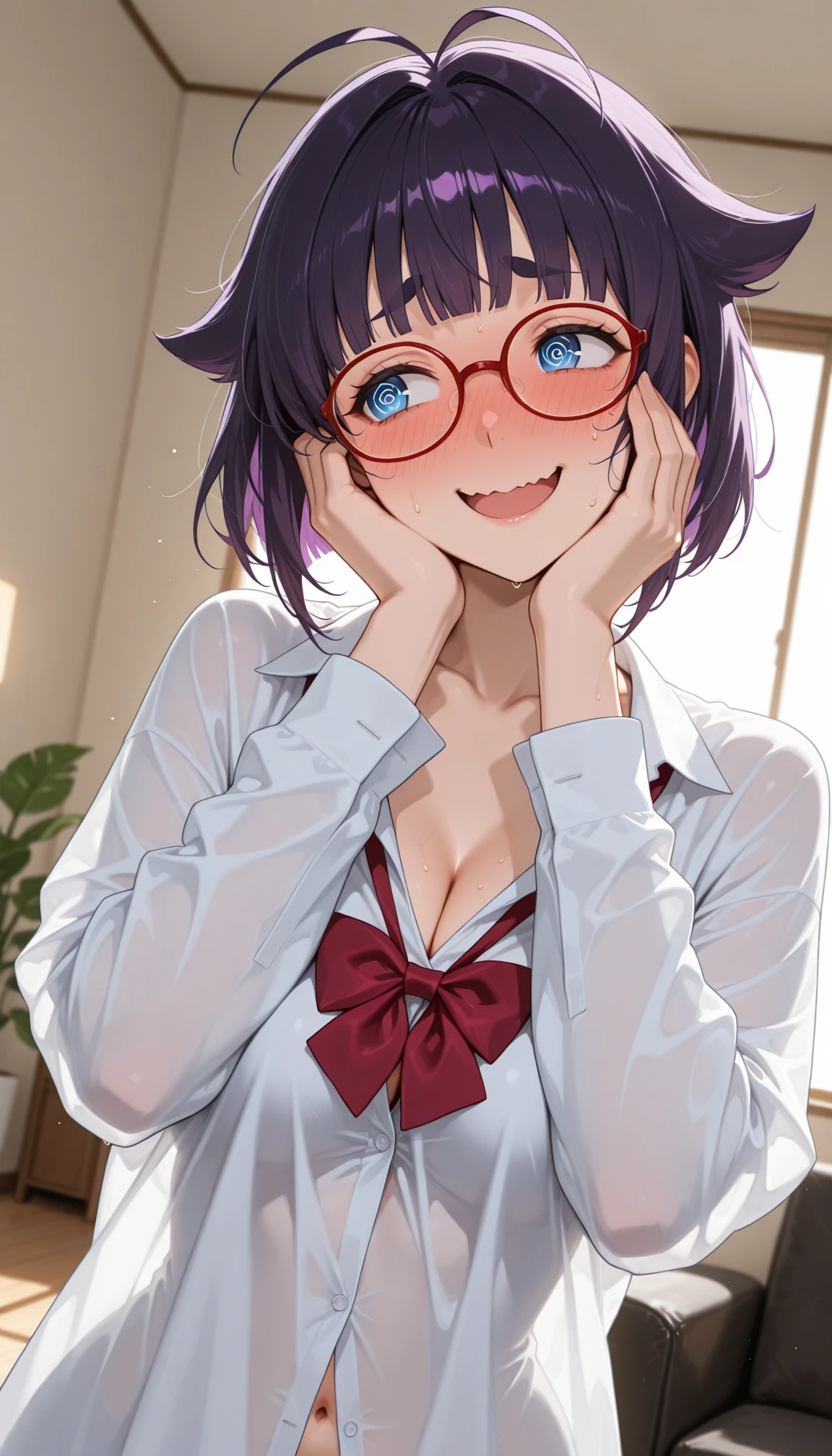 masterpiece, best quality, amazing quality, 4k, very aesthetic, high resolution, ultra-detailed, absurdres, newest, scenery, mature face, sharp face, long face, 1girl, solo, purple hair, medium bob, choppy blunt bangs, sidelocks, hair flaps, antenna hair, messy hair, raised inner eyebrows, (round eyebrows:1.2), blue eyes, round eyes, tareme, (head tilt:1.2), facing to the viewer, looking to the side, averting eyes, smile, open mouth, wavy mouth, embarassed, full-face blush, @ @, sweatdrop, medium breasts, (cleavage:1.2), round red-framed glasses, loose oversized collared open white shirt sleeves past fingers, loose tilted red bowtie, collarbone, no bra, midriff, navel, (hands framing own cheeks:1.2), shrugging, dappled sunlight, back light, rim light, see-through silhouette, standing, upper body, dutch angle, window, living room, BREAK, delicate hair, volumetric lighting