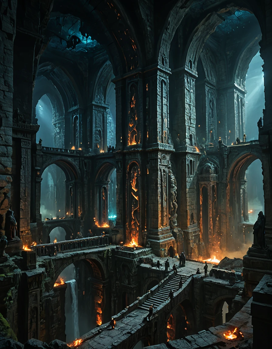 <lora:MW_Dwarven_p1_pony:1> MWD01D, masterpiece, absurdres, 8k, insanely detailed, sharp focus, pitch black, very dark, in a huge dark underground carvern, colossal underground dwarven city, immense gothic stone architecture, towering arches carved into dark rock, monumental pillars glowing faintly with molten veins, grand halls illuminated by countless torches and braziers, bridges and walkways filled with dwarves moving in shadowy processions, detailed statues carved into the walls, faint blue light seeping from cracks in the cavern ceiling, mysterious mist hanging in the air, sparks and embers drifting in the darkness, epic scale, cinematic atmosphere, high detail, dark fantasy, dramatic lighting, sense of ancient power and forgotten grandeur,