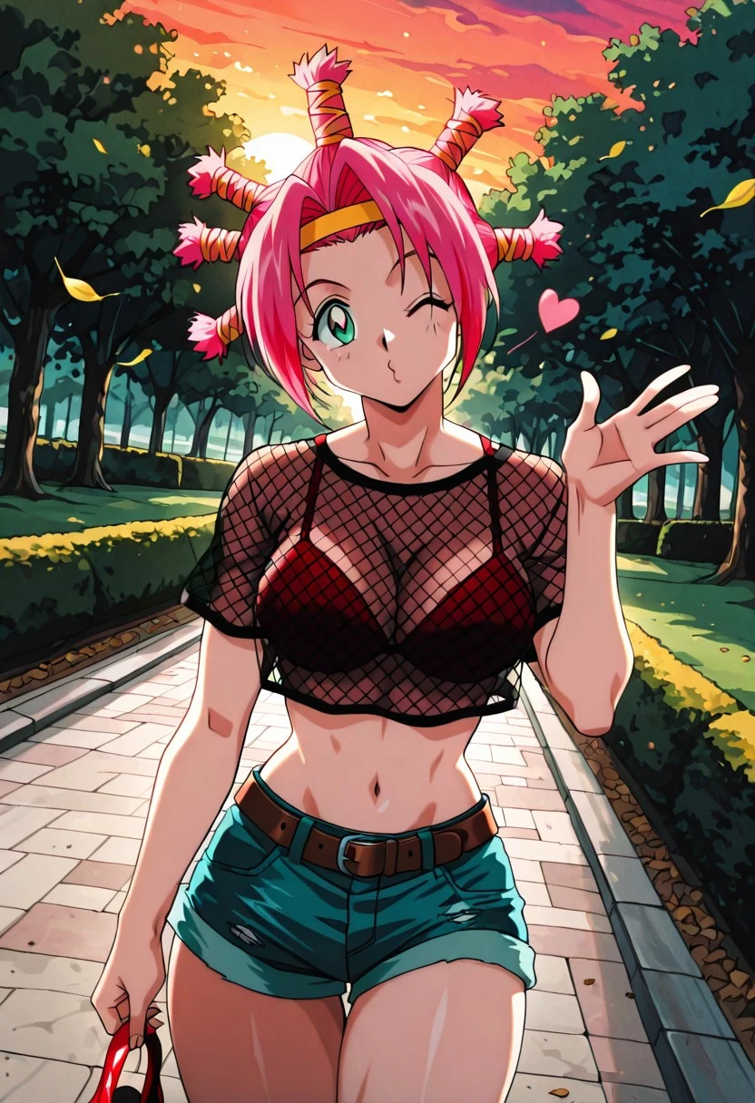 MenchiHxH, 1girl, solo, bright pink hair, hair ornament, yellow headband, bangs, large eyes, green eyes,  bikini top, mesh shirt, large breasts, navel, midriff, groin, belt, short denim shorts with a faded blue tint and fringe at the edges, thick thighs, high red stockings with many small purple bows, red high heels,
masterpiece, best quality, fine details, intricate details, depth of field, subsurface scattering, bokeh, ultra-detailed, very aesthetic, detailed background, newest, scenery, highres, absurdres, colorful, vibrant, glowing, perfect face, 2d, perfect eyes,  vibrant saturated colors, volumetric lighting, sharp, detailed eyes, perfect anatomy,  perfect face, perfect eyes, mature body, clear eyes, beautiful eyes, athletic, curvy body, athletic girl, perky tits, perfect tits, round breasts, pinup pose, teasing, lustful expression, perfect hands, 
muscular female, dutch angle,  dynamic pose,
 upper body, walking, posh, waving at viewer, head tilt, hand up, shiny pupils, looking at viewer, facing viewer, smile, blowing kiss, puckered lips, heart, one eye closed, o3o, park, wind, long winding trail, falling leaves, sunset
,Smooth Negative, Smooth_Quality, 
90s_anime_aesthetic, 1990s (style), retro, retro