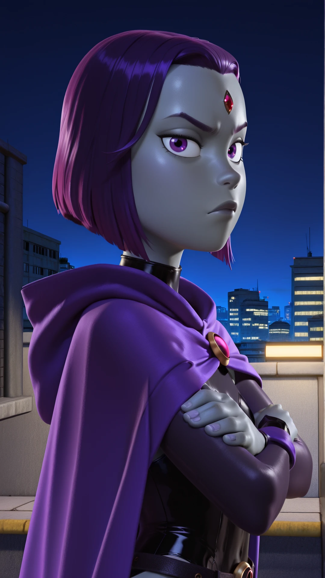 masterpiece, best quality, amazing quality, absurd res,
<lora:Meilin_Lee_Turning_Red_for_Illustrious:0.8> trn_r3d_style,
 <lora:RavenTTIllustrious1.0:0.5> raventt, 1girl, grey skin, solo, purple cape, purple eyes, purple hair, forehead jewel, short hair, cloak, hood, leotard, belt, looking at viewer, 3d, cgi, crossed arms, outdoors, night, urban, side view, upper body, close up,