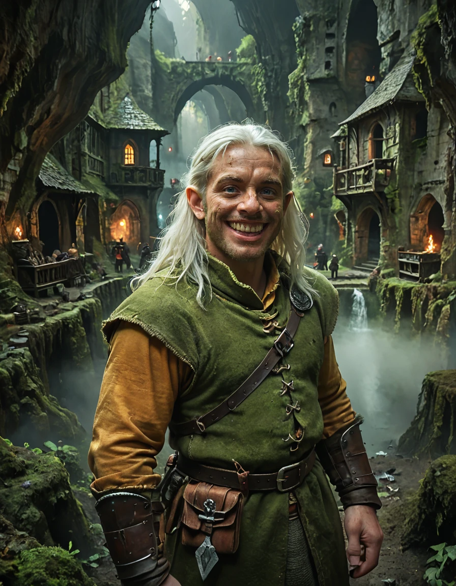 <lora:MW_Dwarven_p1_pony:1> MWD01D, dwarven medieval city, dwarf warrior, white hair, big smile, look at viewer, funny face, tongue out, in a dark underground cave, mist, moss,