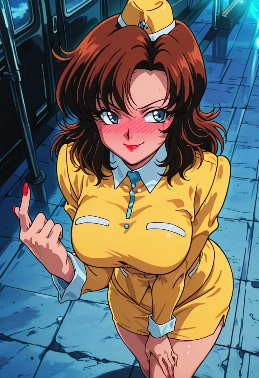 CocoLooHxH, 1girl, solo, voluptuous figure, hat, brown hair, medium hair, bangs, large eyes, blue eyes, full lips, lipstick, bus tour guide uniform, white collar, yellow jacket,  yellow pencil skirt, large breasts, thick thighs, white shoes, high heels,
masterpiece, best quality, fine details, intricate details, depth of field, subsurface scattering, bokeh, ultra-detailed, very aesthetic, detailed background, newest, scenery, highres, absurdres, colorful, vibrant, glowing, perfect face, 2d, perfect eyes,  vibrant saturated colors, volumetric lighting, sharp, detailed eyes, perfect anatomy,  perfect face, perfect eyes, mature body, clear eyes, beautiful eyes, athletic, curvy body, athletic girl, perky tits, perfect tits, round breasts, pinup pose, teasing, lustful expression, perfect hands, 
muscular female, dutch angle,  dynamic pose,
upper body, (from above, :1.2), makeup, mascara, full-face blush, red lips, lipstick, looking away, avoiding eye contact, beckoning, inviting gesture, sexually suggestive, forced smile, closed mouth, standing, leaning forward, bent down, glossy skin, nail polish, buxom
,Smooth Negative, Smooth_Quality, 
90s_anime_aesthetic, 1990s (style), retro, retro artstyle,dark_fantasy_style, dark fantasy, retro,