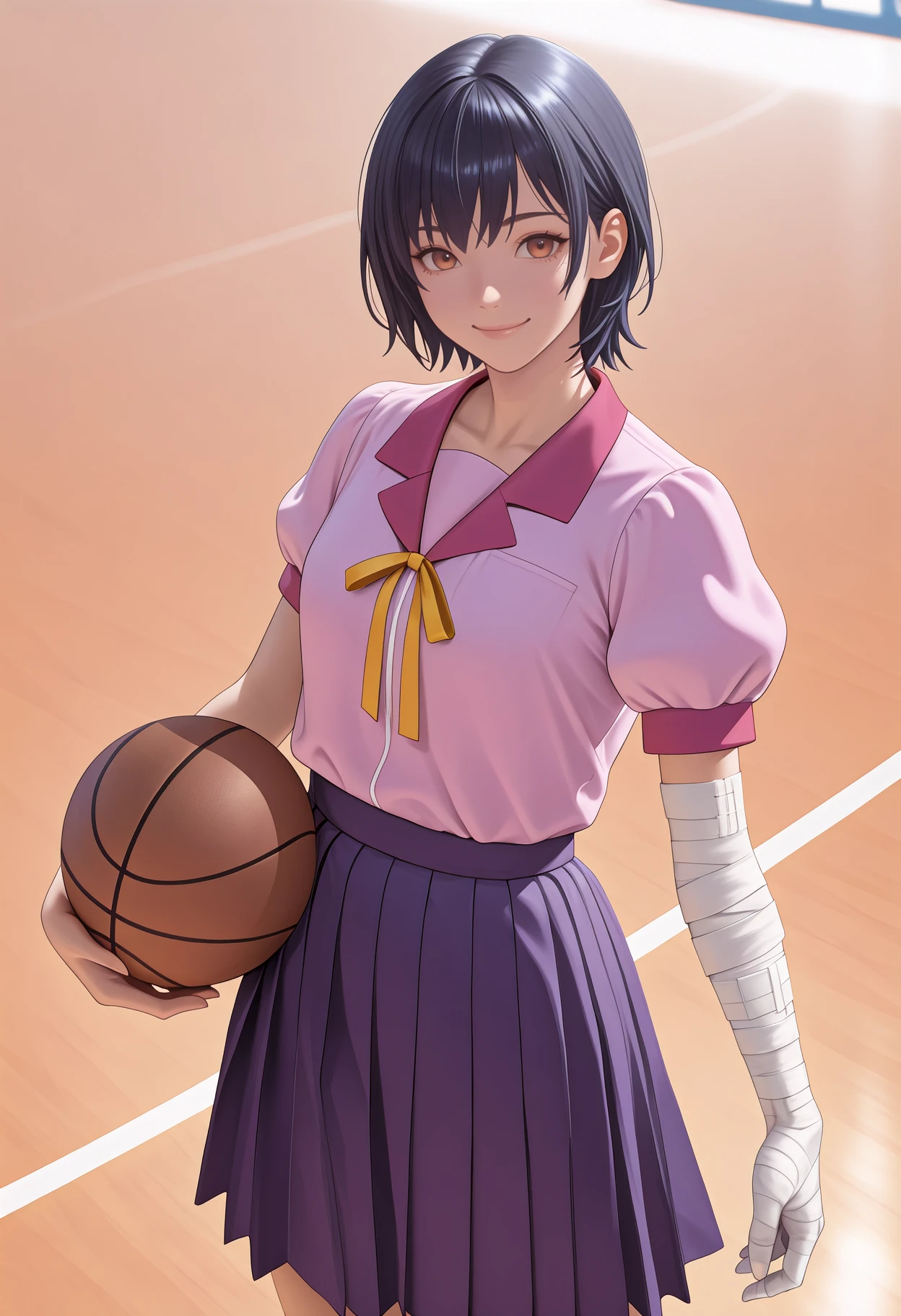 newest, solo, 1girl, smile, looking at viewer, standing, arm at side, holding basketball \(object\), short hair, black hair, brown eyes, school uniform, pink shirt, neck ribbon, yellow ribbon, puffy short sleeves, bandaged arm, bandaged hand, purple skirt, pleated skirt, outdoors, day, basketball court
<segment:yolo-Anzhc Face seg 640 v3 y11n.pt,0.5,0.5//cid=11>