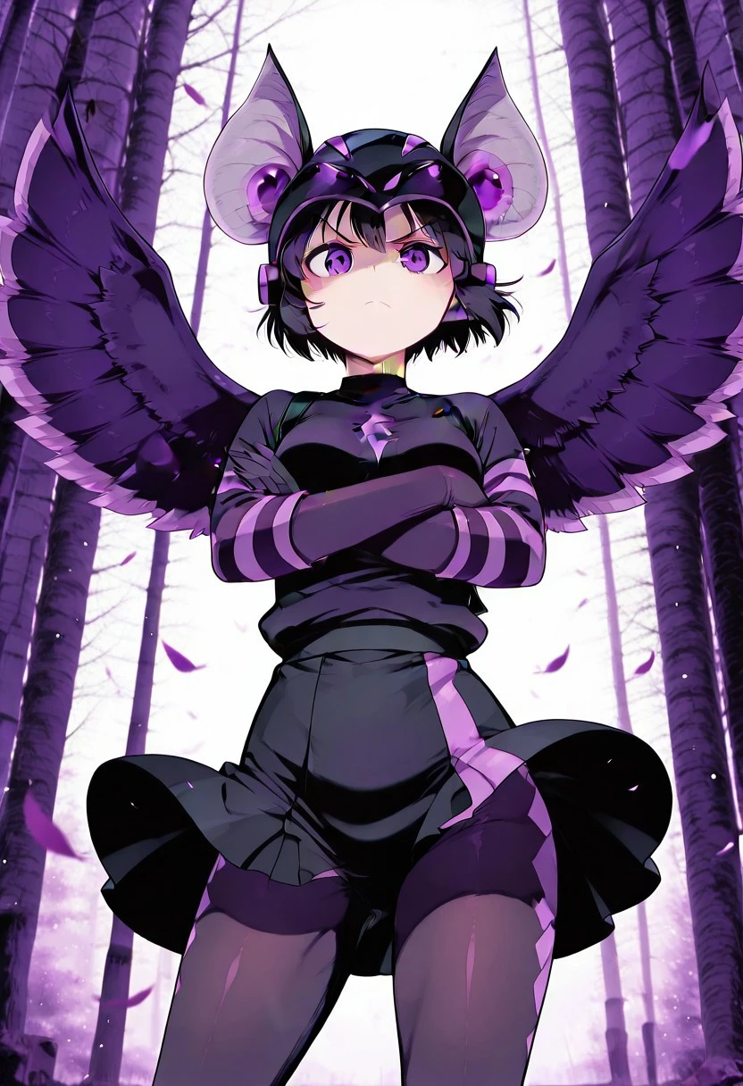 Masterpiece, top quality, amazing quality, Score_9, Score_8_up, Score_7_up, core_6, Score_5_up, Score_4_up, 1 mature female, alone, solo,
Suimori, bat girl, short hair, black hair, bat ears, fluff on ears, small breasts (purple eyes:1.1)
black polo shirt, short black skirt, one thinks, black helmet with purple details, purple eyes from the helmet, mask leaves the eyes and face exposed, long sleeves, purple clawed gloves, wings extend behind the dress, purple bird wings, black boots, black tights with shiny purple stripes
<lora:gunbuster-pose-illustriousxl-lora-nochekaiser:1>, gunbuster pose, solo, looking at viewer, closed mouth, v-shaped eyebrows, crossed arms, wind, wind lift, cowboy shot,, , ,
BREAK, photorealistic, beautiful detailed eyes, detailed skin, detailed hair, volumetric lighting, dappled light, light particles, dramatic shadows, cinematic lighting, photo background, depth of field, <lora:IL\KMS_SNS_Saiko_IL:0.7>