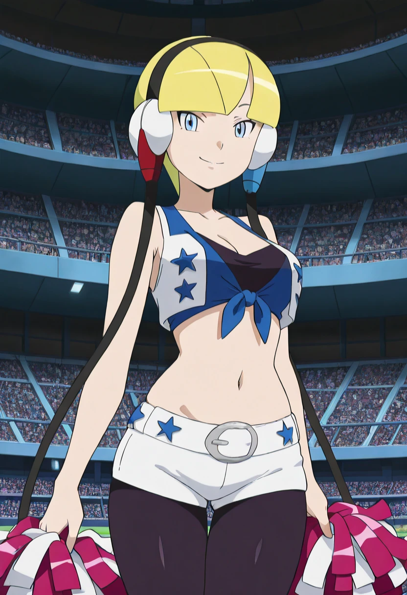 masterpiece, best quality, solo, curvy, beautiful eyes, narrow waist, wide hips, 1girl, solo, smile, looking at viewer, zzElesa, blonde hair, short hair, blunt bangs, headphones, short dress, bare arms, navel, black pantyhose, <lora:ElesaPokemonBW:1.0>, , smile, looking at viewer, cowboy shot, large breasts, DalCowCheer, navel, midriff, belt, blue tied shirt, white vest, white shorts, short shorts, skindentation, stadium, cheerleader, pom pom (cheerleading), <lora:DallasCowboysCheerleaders_IXL_v2:1.0>,
