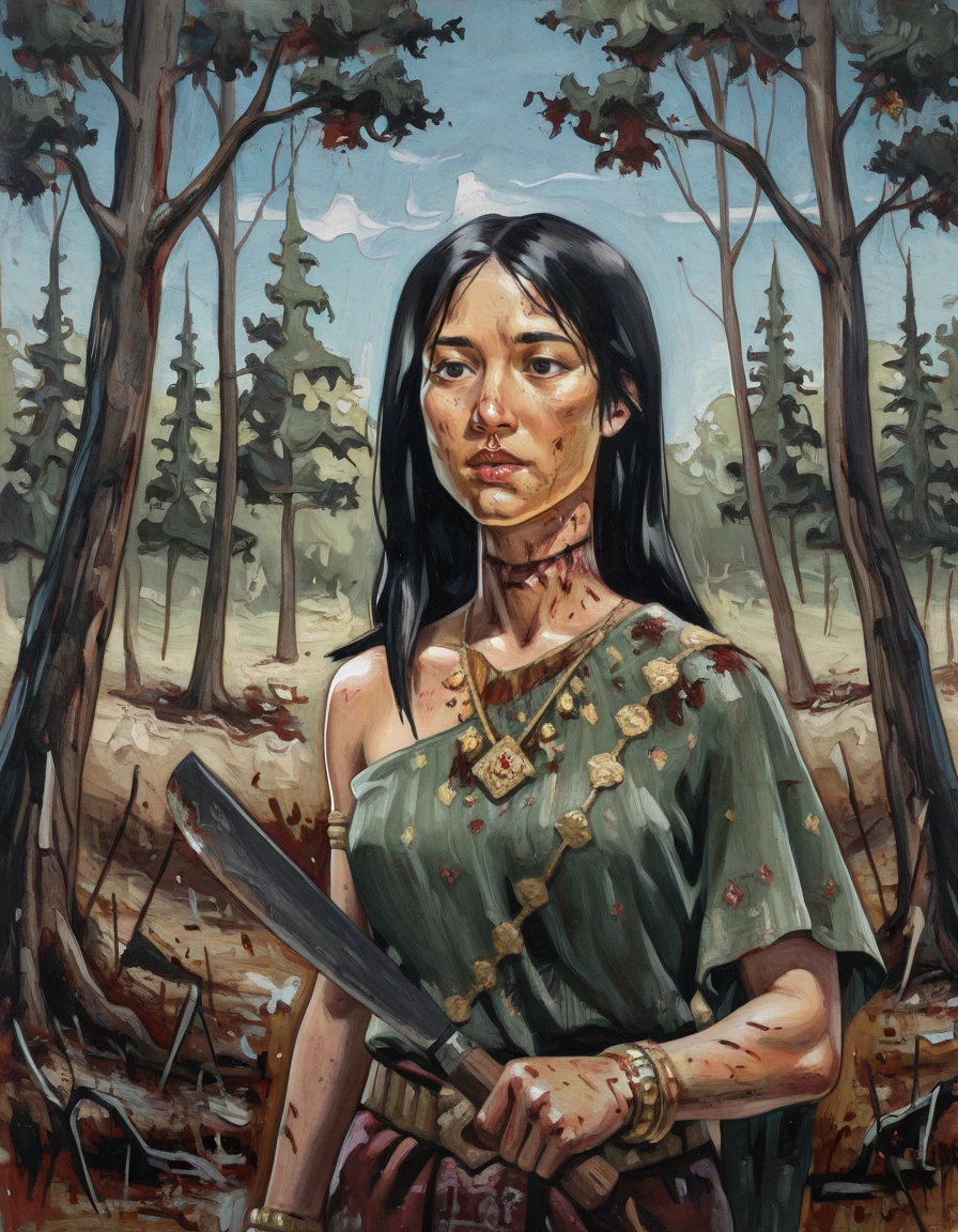 1girl, solo, asian, jewelry, nature, black hair, bracelet, blood,  long hair, weapon, necklace, knife, armlet, tree, holding, holding weapon, lips, bloody neck, deep wound neck, gore, deep cut neck, machete, krasue<lora:The_Krasue_-_Burong_Sukapat_Dead_by_DaylightIIIustrious:1>  horror,  <lora:Abstract Painting - Style [LoRA] - Illustrious-XL v0.1:0.8> abstractionism, brush stroke, traditional media,