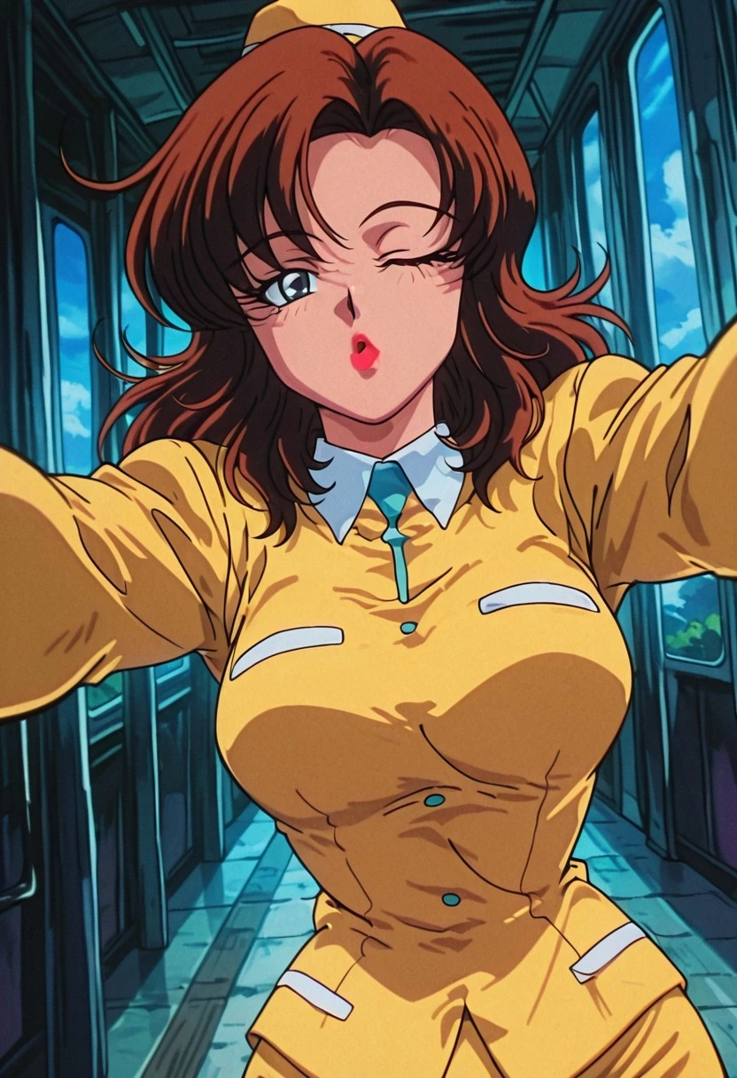 CocoLooHxH, 1girl, solo, voluptuous figure, hat, brown hair, medium hair, bangs, large eyes, blue eyes, full lips, lipstick, bus tour guide uniform, white collar, yellow jacket, yellow pencil skirt, large breasts, thick thighs, white shoes, high heels,
masterpiece, best quality, fine details, intricate details, depth of field, subsurface scattering, bokeh, ultra-detailed, very aesthetic, detailed background, newest, scenery, highres, absurdres, colorful, vibrant, glowing, perfect face, 2d, perfect eyes, vibrant saturated colors, volumetric lighting, sharp, detailed eyes, perfect anatomy, perfect face, perfect eyes, mature body, clear eyes, beautiful eyes, athletic, curvy body, athletic girl, perky tits, perfect tits, round breasts, pinup pose, teasing, lustful expression, perfect hands,
muscular female, dutch angle, dynamic pose,
one eye closed, , facing viewer, upper body, straight-on, pov, running towards viewer, (reaching towards viewer, :1.2), (outstretched arms, :1.2), looking at viewer, facing viewer, half-closed eyes, (seductive gaze, horny), makeup, , thick lips, red lips, lipstick, incoming kiss, puckered lips, parted lips, (excited, :1.2), (cheerful, :1.2
,Smooth Negative, Smooth_Quality,
90s_anime_aesthetic, 1990s (style), retro, retro artstyle,dark_fantasy_style, dark fantasy, retro,