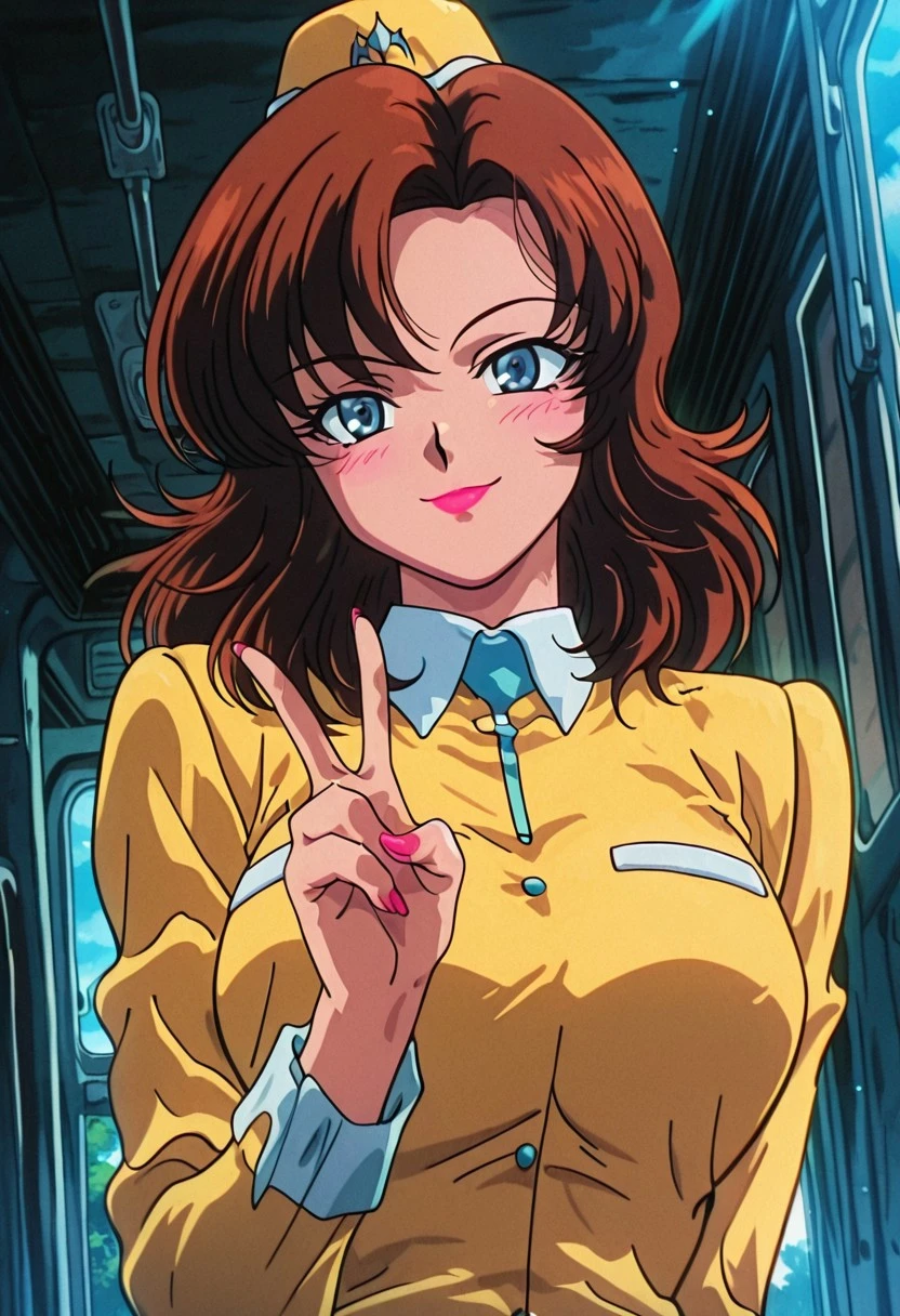 CocoLooHxH, 1girl, solo, voluptuous figure, hat, brown hair, medium hair, bangs, large eyes, blue eyes, full lips, lipstick, bus tour guide uniform, white collar, yellow jacket, yellow pencil skirt, large breasts, thick thighs, white shoes, high heels,
masterpiece, best quality, fine details, intricate details, depth of field, subsurface scattering, bokeh, ultra-detailed, very aesthetic, detailed background, newest, scenery, highres, absurdres, colorful, vibrant, glowing, perfect face, 2d, perfect eyes, vibrant saturated colors, volumetric lighting, sharp, detailed eyes, perfect anatomy, perfect face, perfect eyes, mature body, clear eyes, beautiful eyes, athletic, curvy body, athletic girl, perky tits, perfect tits, round breasts, pinup pose, teasing, lustful expression, perfect hands,
muscular female, dutch angle, dynamic pose,
cover page, foreshortening, expressive cute face, blushing, cute, kawaii, straight-on, walking towards viewer, upper body, head tilt, v, mascara, makeup,
,Smooth Negative, Smooth_Quality,
90s_anime_aesthetic, 1990s (style), retro, retro artstyle,dark_fantasy_style, dark fantasy, retro,