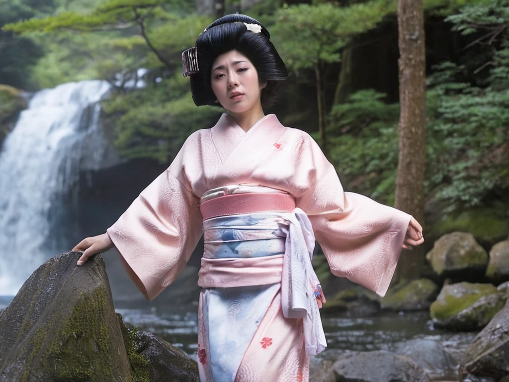 top quality, best quality, masterpiece, extremely detailed, 8k, incredibly absurdres, ultra detailed, Photo of 1 Japanese female, 24yo, outdoor, Deep in the forest in Japan, near a big waterfall, <lora:japanese_geisha_sakurahime_sdxl_01a:0.8>