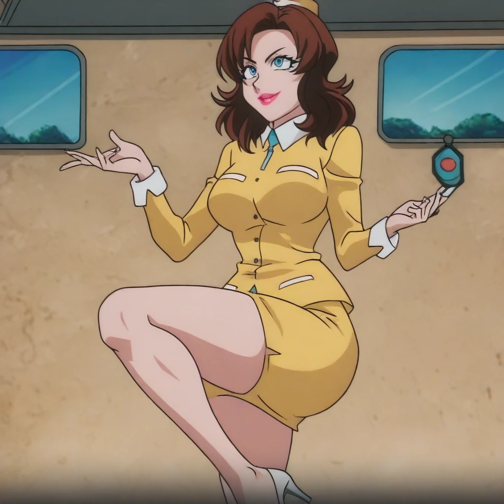 CocoLooHxH, 1girl, solo, voluptuous figure, hat, brown hair, medium hair, bangs, large eyes, blue eyes, full lips, lipstick, bus tour guide uniform, white collar, yellow jacket,  yellow pencil skirt, large breasts, thick thighs, white shoes, high heels,  masterpiece, best quality, fine details, intricate details, depth of field, subsurface scattering, bokeh, ultra-detailed, very aesthetic, detailed background, newest, scenery, highres, absurdres, colorful, vibrant, glowing, perfect face, 2d, perfect eyes, vibrant saturated colors, volumetric lighting, sharp, detailed eyes, perfect anatomy, perfect face, perfect eyes, mature body, clear eyes, beautiful eyes, athletic, curvy body, athletic girl, perky tits, perfect tits, round breasts, pinup pose, teasing, lustful expression, perfect hands, muscular female,