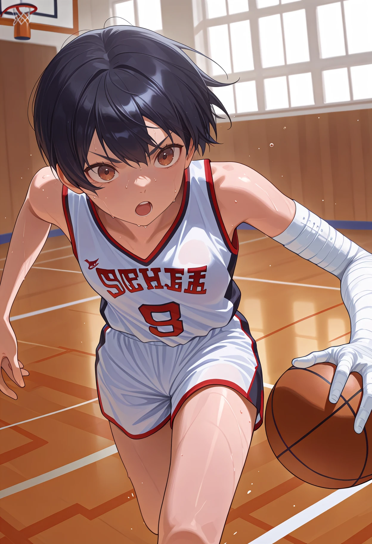newest, solo, 1girl, sweat, :o, looking ahead, running, holding basketball \(object\), playing sports, short hair, black hair, brown eyes, v-shaped eyebrows, sportswear, basketball uniform, jersey, white shorts, short shorts, bandaged arm,  shoulders, indoors, basketball court
<segment:yolo-Anzhc Face seg 640 v3 y11n.pt,0.55,0.5//cid=11>