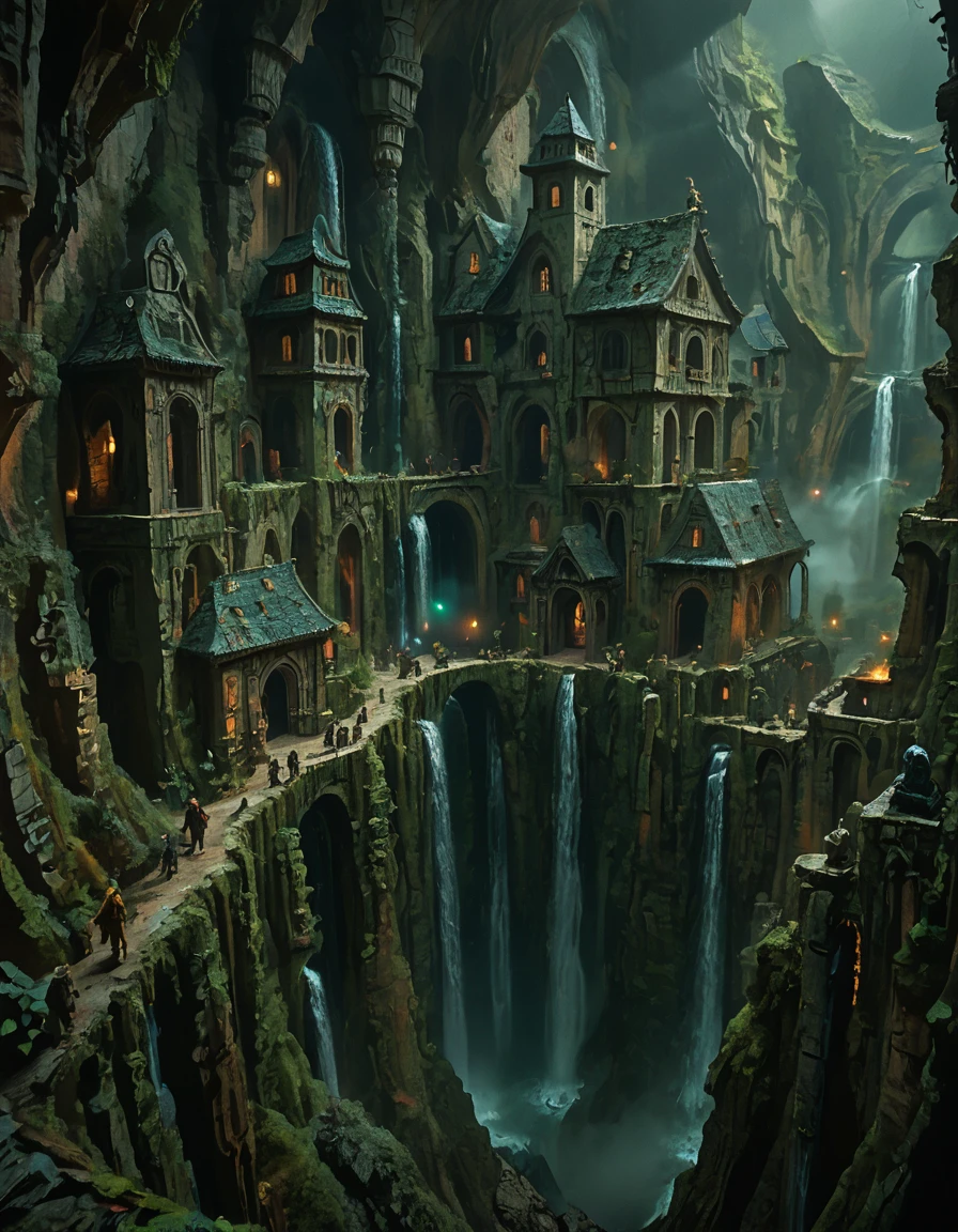 <lora:MW_Dwarven_p1_pony:1> MWD01D, masterpiece, absurdres, 8k, insanely detailed, sharp focus, pitch black, very dark, dwarven city, in a huge dark underground carvern, old sinuous paths over foggy precipice, carved rocky walls, waterfalls, a few faint torches, above the shoulder view, worn dusty statue of an old dwarf warrior on the side, ancient carved dwarven architecture merged in the rocky cavern walls, dusty, lost forgotten ambiance, moss,