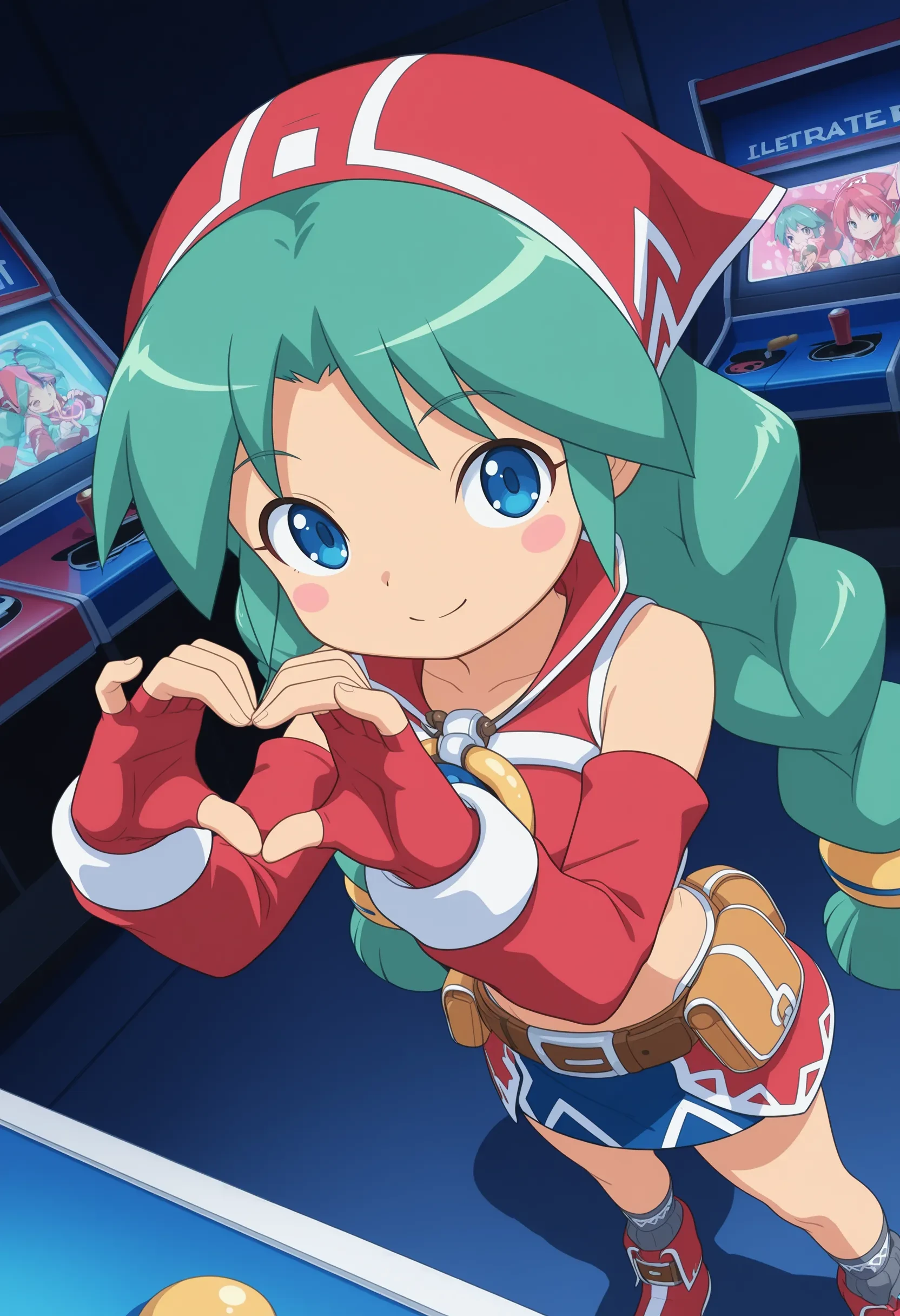 1girl, tenerezza, green hair, twin braids, low-tied long hair, blue eyes, blush stickers, red headdress, necklace, red crop top, detached sleeves, red elbow gloves, fingerless gloves, midriff, belt pouch, blue miniskirt, grey socks, red boots,
smile, standing, heart hand, cowboy shot, looking at viewer, dutch angle, from above,
indoors, arcade, arcade cabinet, dark room, night, shaded,
masterpiece, best quality, ultra-detailed, very aesthetic, illustration, perfect composition, intricate details, absurdres, official art, official style, source anime, anime screencap, anime coloring, newest, intricate, hires textures, high detail, 4k, incredibly detailed, perfect , UHD, 8K,
| <lora:tenerezza_XL(ill01)v10d:1>