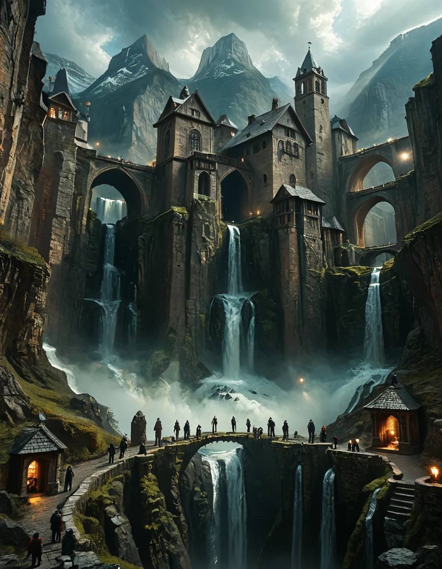 <lora:MW_Dwarven_p1_pony:1> MWD01D, masterpiece, absurdres, 8k, insanely detailed, sharp focus, from low angle view, waterfall, cloudscape, white, mountains, bokeh, medieval detailed architecture, darkness, surreal