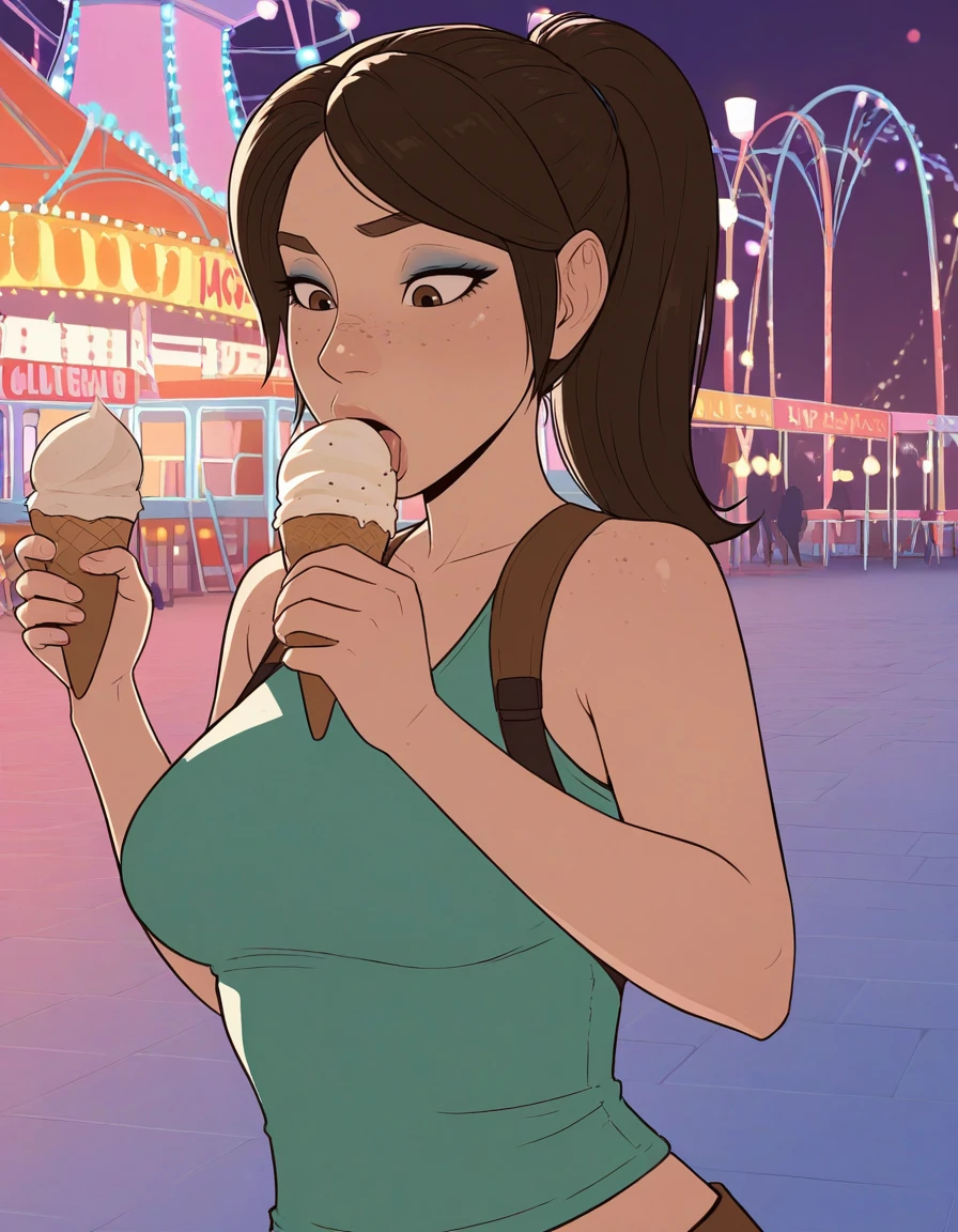 <lora:Utility_-_Detail_Enhancer_by_BSS_v2:0.75>, <lora:Utility_-_Visual_Enhancer_by_BSS:0.75>, 1girl, holding an ice cream cone, licking it happily, standing in the middle of a lively amusement park with colorful rides and bright lights around, upper body , sk3m4nt1s, flat color, <lora:Artist_Style_-_Like_Skemantis_ep10_by_ME_ILXL:0.7>, (masterpiece, best quality, ultra-detailed, absurdres, newest, detailed textures, correct anatomy:1),, lara croft, brown eyes, ponytail, brown hair, medium breasts, subtle eyeshadow, freckles, parted bangs
