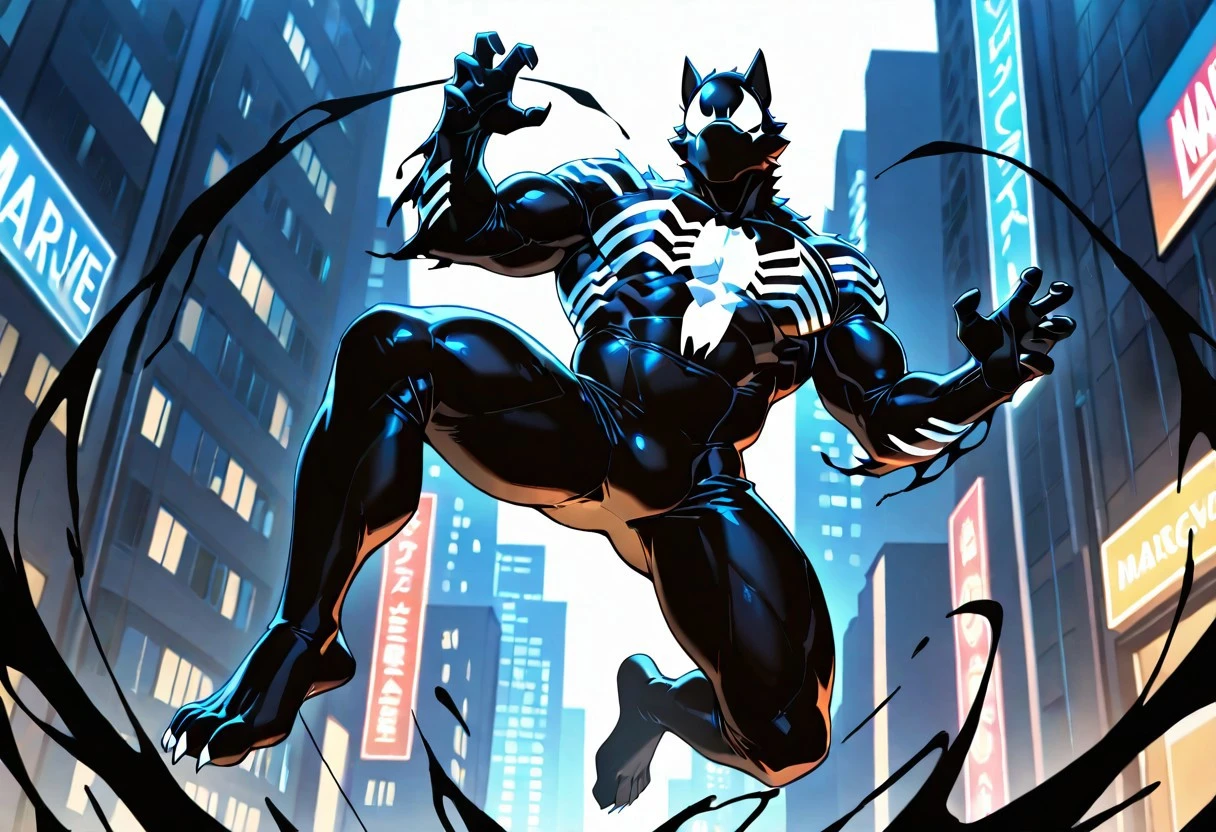 ultimatesymbiote/(marvel)/, symbiote, bodysuit, blacksuit, mask, spiderprint, whiteprint, muscular, 1boy, solo,
ArgoIL, solo, male, anthro, wolf, muscular, bara, claws, paws,
front view, superhero pose, jumping,
4k, best quality, highly detailed, lights details, high resolution, high quality, perfect quality
masterpiece, best quality, amazing quality, very aesthetic, highres, absurdres
night, city,
4k, best quality, highly detailed, lights details, high resolution, high quality, perfect quality, vivid color, vibrant, highly detailed,