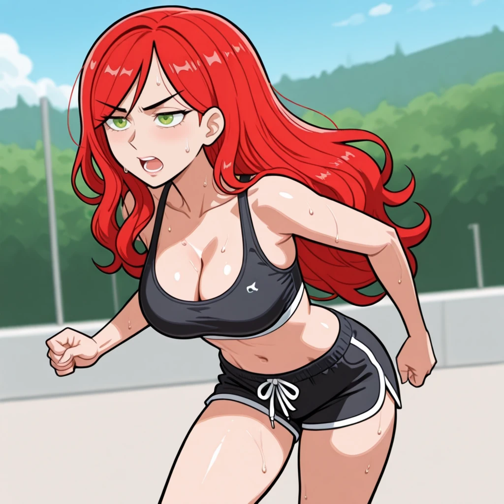 <lora:ColetteLost_illustrious_v1:1.3> ColetteBevier, 1girl, green eyes, red hair, long hair, cowboy shot, <lora:dolphin-shorts-illustriousxl-lora-nochekaiser:1> dolphin shorts, shorts, outdoors, running, sweat, open mouth, sports bra, cleavage, navel, midriff, solo, cowboy shot,