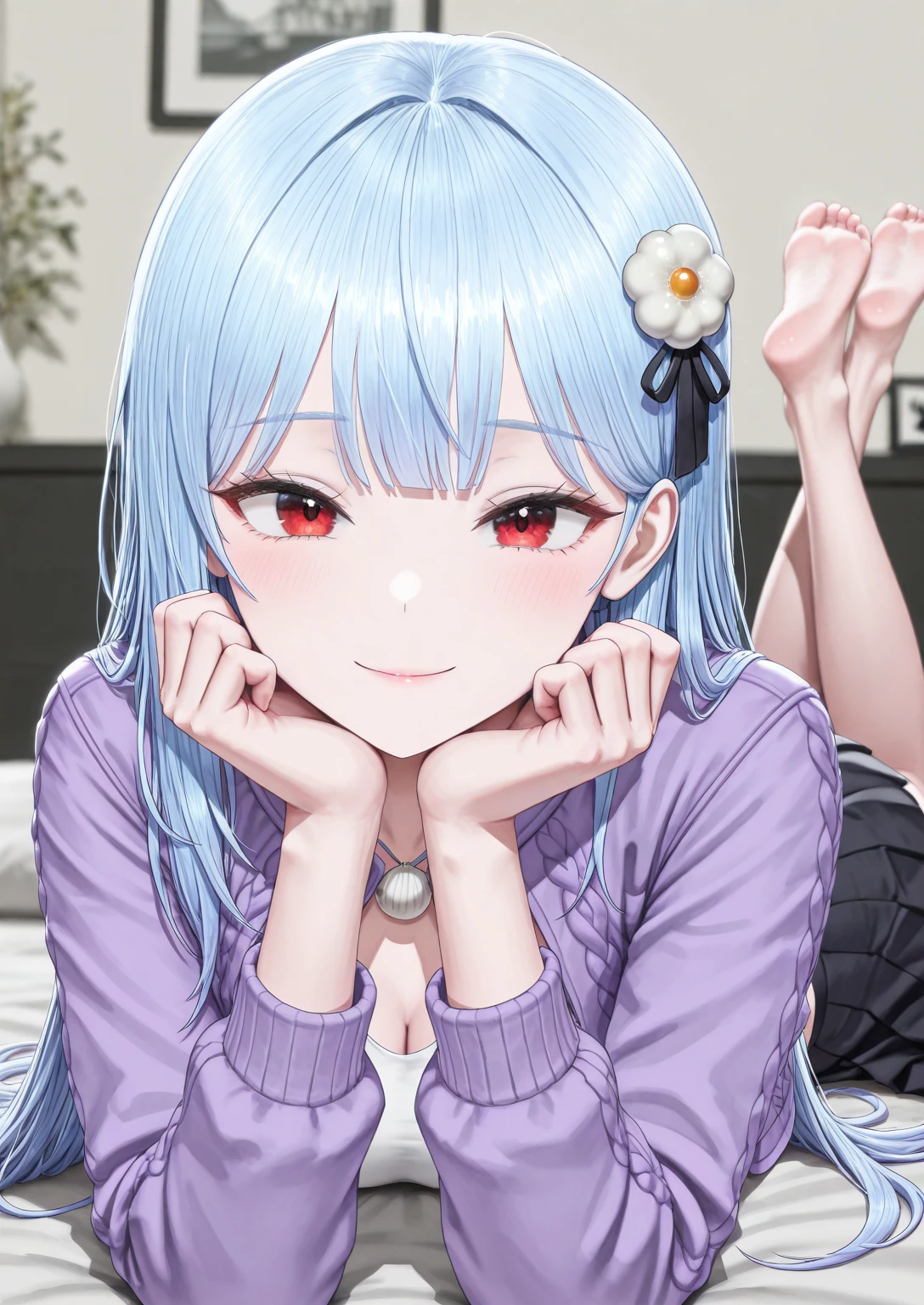 1girl, solo, bedroom, lying on stomach on bed, feet up, hands under chin, looking at viewer, smile, closed mouth
BREAK
<lora:Gyeolhee_Min:0.8>, Gyeolhee Min, light blue hair, long hair, straight hair, blunt bangs, hair ornament, red eyes, white crop top, purple jacket, black pleated skirt, white round ornaments,
<lora:illustriousXLv01_stabilizer_v1.165c:0.5>, <lora:cfg_scale_boost:0.5>, <lora:Hata4564:0.25>, masterpiece, best quality, amazing quality, very aesthetic, absurdres, newest,