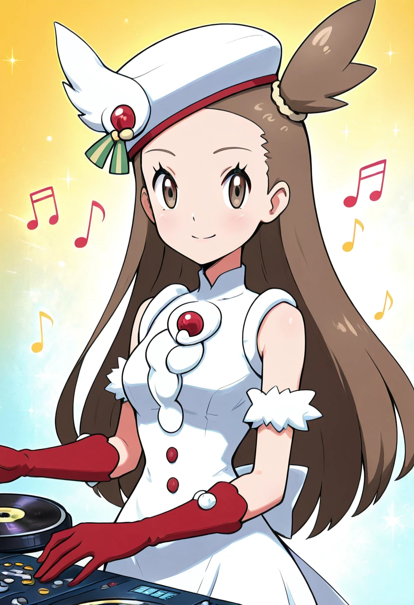 masterpiece, best quality, solo, curvy, beautiful eyes, narrow waist, wide hips, 1girl, solo, smile, looking at viewer,  zzJasmine, brown eyes, brown hair, long hair, one side up,  sleeveless dress, white dress, white headwear, red gloves,  <lora:JasmineHoliday2022Pokemon_IXL_dataset:1.0>,  , solo, looking at viewer, smile, AdFF, turntable, blue theme, (music notes, upper body), <lora:AudioFileFuture_IXL_v1:1.0>