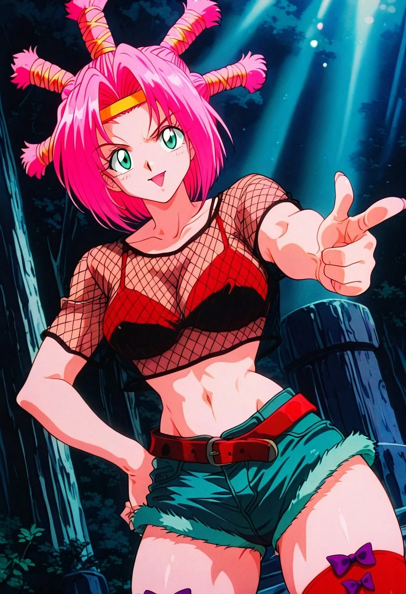 MenchiHxH, 1girl, solo, bright pink hair, hair ornament, yellow headband, bangs, large eyes, green eyes, bikini top, mesh shirt, large breasts, navel, midriff, groin, belt, short denim shorts with a faded blue tint and fringe at the edges, thick thighs, high red stockings with many small purple bows, red high heels,
masterpiece, best quality, fine details, intricate details, depth of field, subsurface scattering, bokeh, ultra-detailed, very aesthetic, detailed background, newest, scenery, highres, absurdres, colorful, vibrant, glowing, perfect face, 2d, perfect eyes, vibrant saturated colors, volumetric lighting, sharp, detailed eyes, perfect anatomy, perfect face, perfect eyes, mature body, clear eyes, beautiful eyes, athletic, curvy body, athletic girl, perky tits, perfect tits, round breasts, pinup pose, teasing, lustful expression, perfect hands,
muscular female, dutch angle, dynamic pose,
hand forward, finger gun gesture, aiming at viewer, hand on own hip, head tilt, happy, giggling, voluptuous, covered nipples ,Smooth Negative, Smooth_Quality, 90s_anime_aesthetic, 1990s (style), retro,
,Smooth Negative, Smooth_Quality,
90s_anime_aesthetic, 1990s (style), retro, retro ,
dark_fantasy_style, dark fantasy, retro,