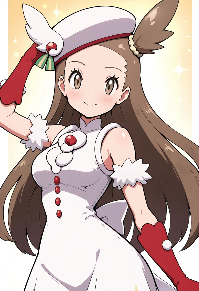 masterpiece, best quality, solo, curvy, beautiful eyes, narrow waist, wide hips, 1girl, solo, smile, looking at viewer, zzJasmine, brown eyes, brown hair, long hair, one side up, sleeveless dress, white dress, white headwear, red gloves, <lora:JasmineHoliday2022Pokemon_IXL_dataset:1.0>, upper body, side view, smile, looking at viewer, shiny skin,