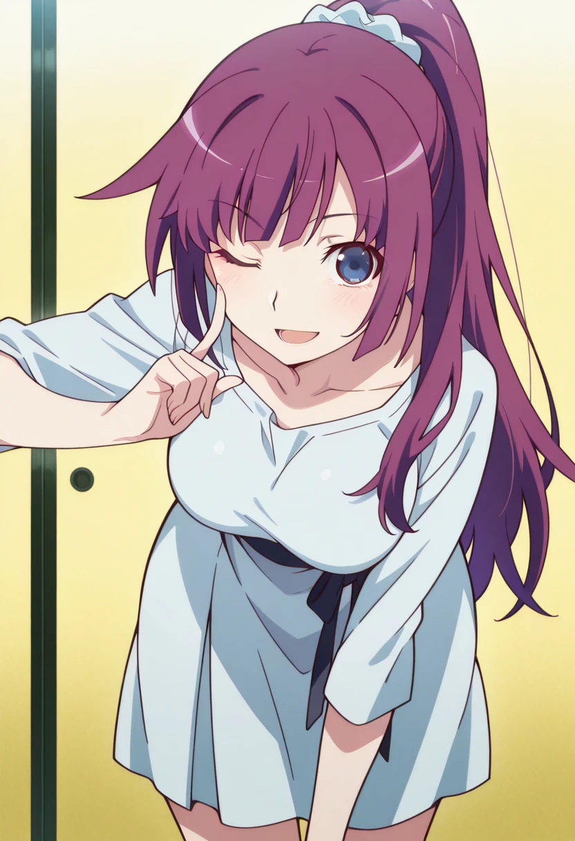 masterpiece, best quality, amazing quality,, <lora:hitagi-senjougahara-anime-illustriousxl-lora-nochekaiser:1>, hitagi senjougahara, long hair, bangs, ponytail, sidelocks, scrunchie, blue eyes, purple hair, , anime screencap, <lora:alyas-finger-to-cheek-illustriousxl-lora-nochekaiser:1>, finger to cheek, solo, looking at viewer, blush, smile, open mouth, standing, one eye closed, hand up, leaning forward, index finger raised,, , ,