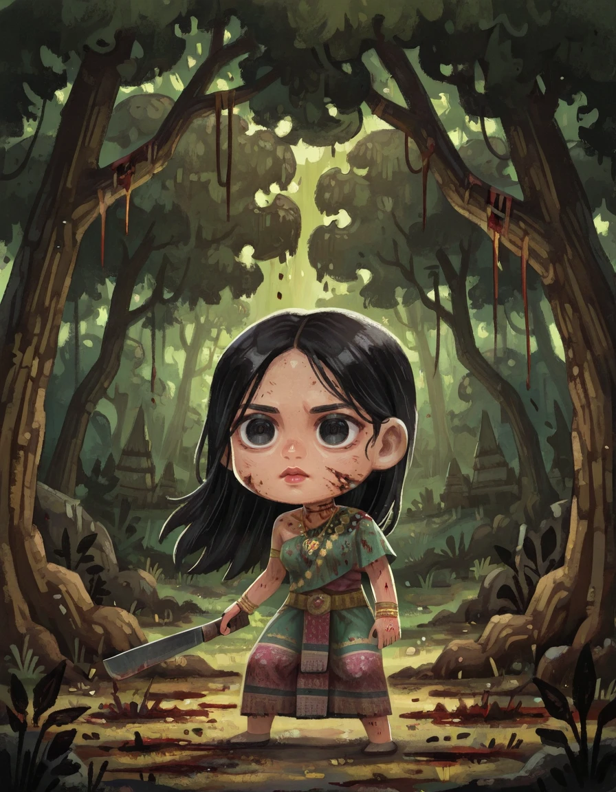 1girl, solo, asian, jewelry, nature, black hair, bracelet, blood, long hair, weapon, necklace, knife, armlet, tree, holding, holding weapon, lips, blood, bloody neck, deep wound neck, gore, deep cut neck, machete, krasue<lora:The_Krasue_-_Burong_Sukapat_Dead_by_DaylightIIIustrious:1> horror, dynamic pose <lora:Amelicart_style_Illustrious_Xl:0.8> 0mel1c0rt , chibi only
