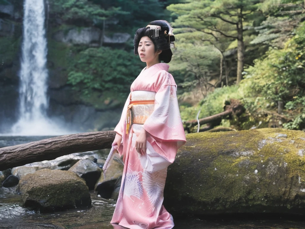 top quality, best quality, masterpiece, extremely detailed, 8k, incredibly absurdres, ultra detailed, Photo of 1 Japanese female, 24yo, outdoor, Deep in the forest in Japan, near a big waterfall, <lora:japanese_geisha_sakurahime_sdxl_01a:0.8>