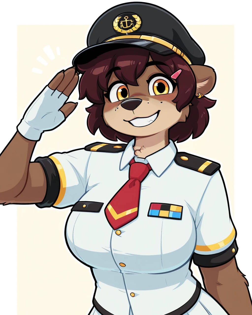 masterpiece,best quality,amazing quality, half-length portrait, furry female, otter, female, furry, short hair, yellow eyes, red necktie,  dark brown hair, hairclip, , military, white uniform, white skirt, salute, ear ring,  fingerless gloves,  solo, smile, happy, grin, looking at viewer, three-quarter view, white gloves, hairclip, black hat, brown body, white outline, simple background, <lora:Cobalt_Snow_Ill:0.6> <lora:The-Minuscule-Task_Style_Lora_Illustrious:0.4> <lora:goopystem_ILL:0.5>   <lora:Pearl_Aurora_WirelessShiba:1>