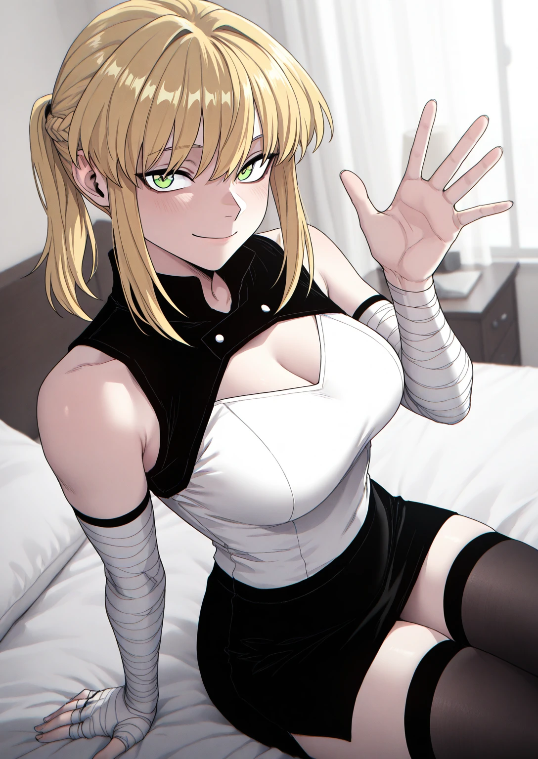 1girl, solo, bedroom, sitting on bed, waving hand, looking at viewer, smile, closed mouth
BREAK
<lora:Candentia:0.8>, Candentia, blonde hair, ponytail, green eyes, sleeveless black top, fitted white outfit, white bandages, black skirt, black stockings,
<lora:illustriousXLv01_stabilizer_v1.165c:0.5>, <lora:cfg_scale_boost:0.5>, <lora:Hata4564:0.25>, masterpiece, best quality, amazing quality, very aesthetic, absurdres, newest,