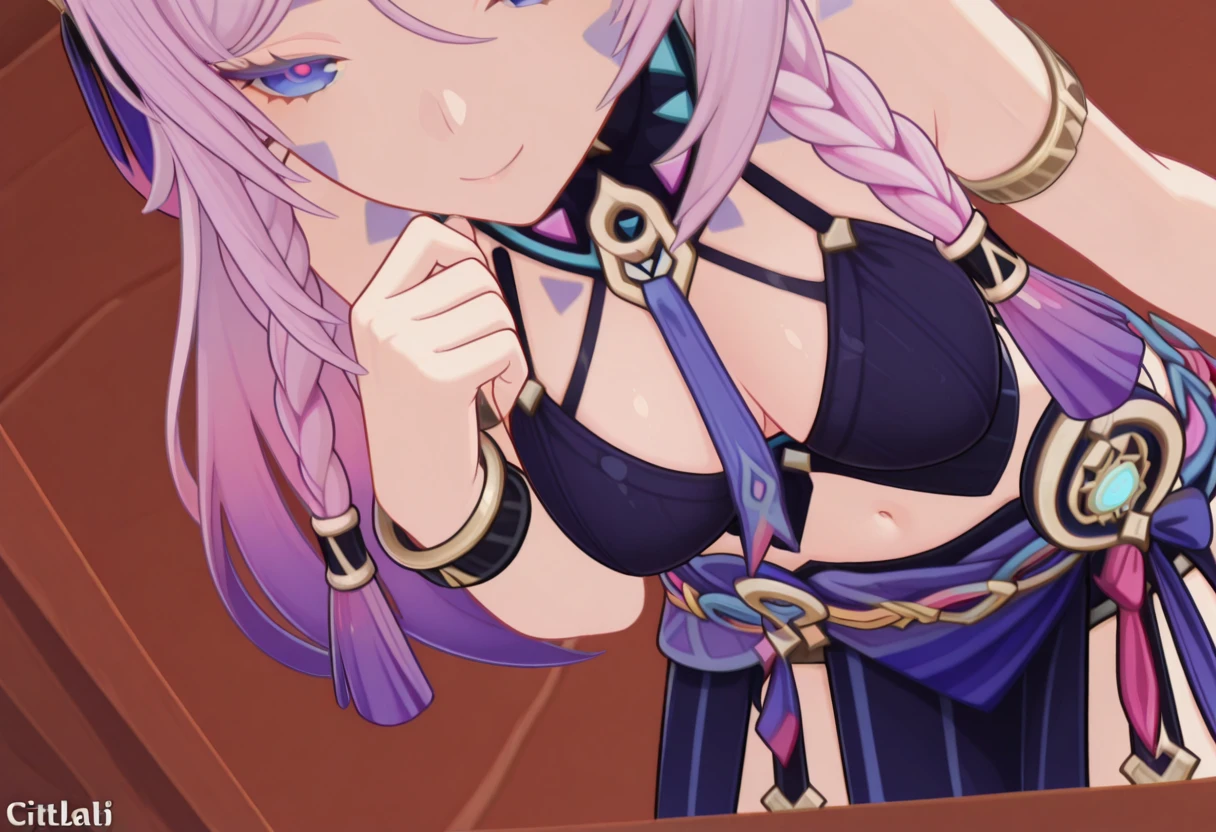 masterpiece, best quality, amazing quality,, <lora:genshin-citlali-ingame-illustriousxl-lora-nochekaiser:1>, citlali, citlali (genshin impact), braid, pink hair, facial mark, forehead mark, long hair, pink pupils, purple hair, gradient hair, hair ornament, twin braids, mature female, medium breasts, 3d,, <lora:cutting-out-below-the-eyes-is-hot-v2-illustriousxl-lora-nochekaiser:1>, cutting out below the eyes is hot, cutting out below the eyes is hot (meme), solo, smile, navel, lingerie, leaning forward, head out of frame, hand up, arm at side,, , ,