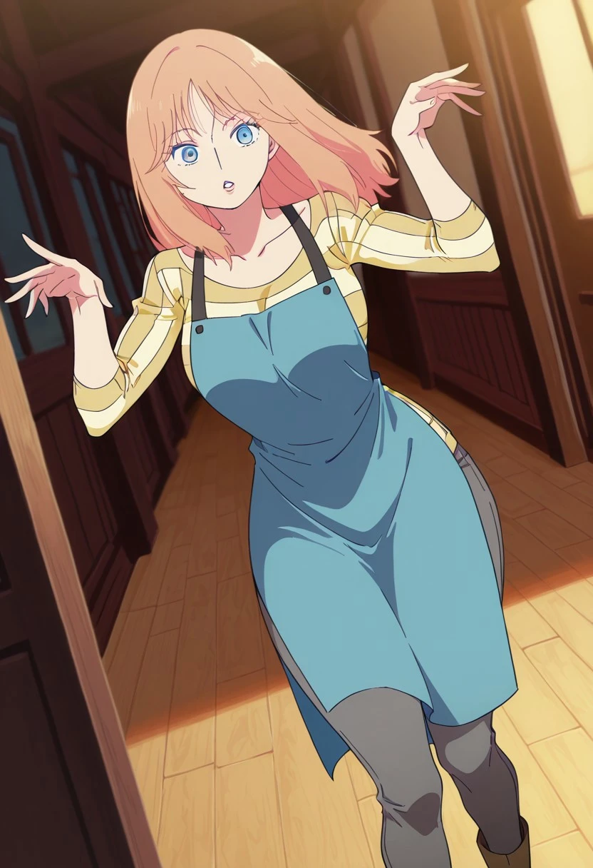 FlareMS, 1girl, solo, pale orange hair, long hair, bangs, pale blue eyes, lips, large breasts,  thick thighs, collarbone, yellow striped shirt, blue apron, grey pants, boots,
masterpiece, best quality, fine details, intricate details, depth of field, subsurface scattering, bokeh, ultra-detailed, very aesthetic, detailed background, newest, scenery, highres, absurdres, colorful, vibrant, glowing, perfect face, 2d, perfect eyes,  vibrant saturated colors, volumetric lighting, sharp, detailed eyes, perfect anatomy,  perfect face, perfect eyes, mature body, clear eyes, beautiful eyes, athletic, curvy body, athletic girl, perky tits, perfect tits, round breasts, pinup pose, teasing, lustful expression, perfect hands, 
muscular female, dutch angle,  dynamic pose,
,Smooth Negative, Smooth_Quality,