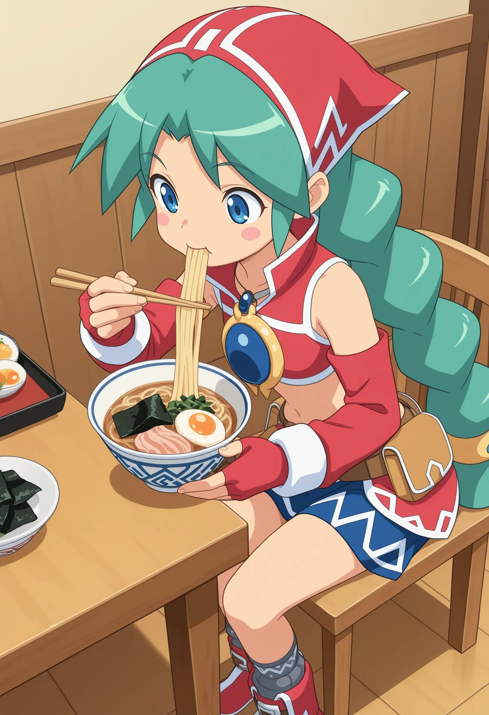 1girl, tenerezza, green hair, twin braids, low-tied long hair, blue eyes, blush stickers, red headdress, necklace, red crop top, detached sleeves, red elbow gloves, fingerless gloves, midriff, belt pouch, blue miniskirt, grey socks, red boots,
wooden table, wooden chair, wooden floor, from above, eating, eating ramen, food, sitting, holding chopsticks, noodles, nori \(seaweed\), egg \(food\),
indoors, ryokan, dutch angle,
masterpiece, best quality, ultra-detailed, very aesthetic, illustration, perfect composition, intricate details, absurdres, official art, official style, source anime, anime screencap, anime coloring, newest, intricate, hires textures, high detail, 4k, incredibly detailed, perfect , UHD, 8K,
| <lora:tenerezza_XL(ill01)v10d:1>