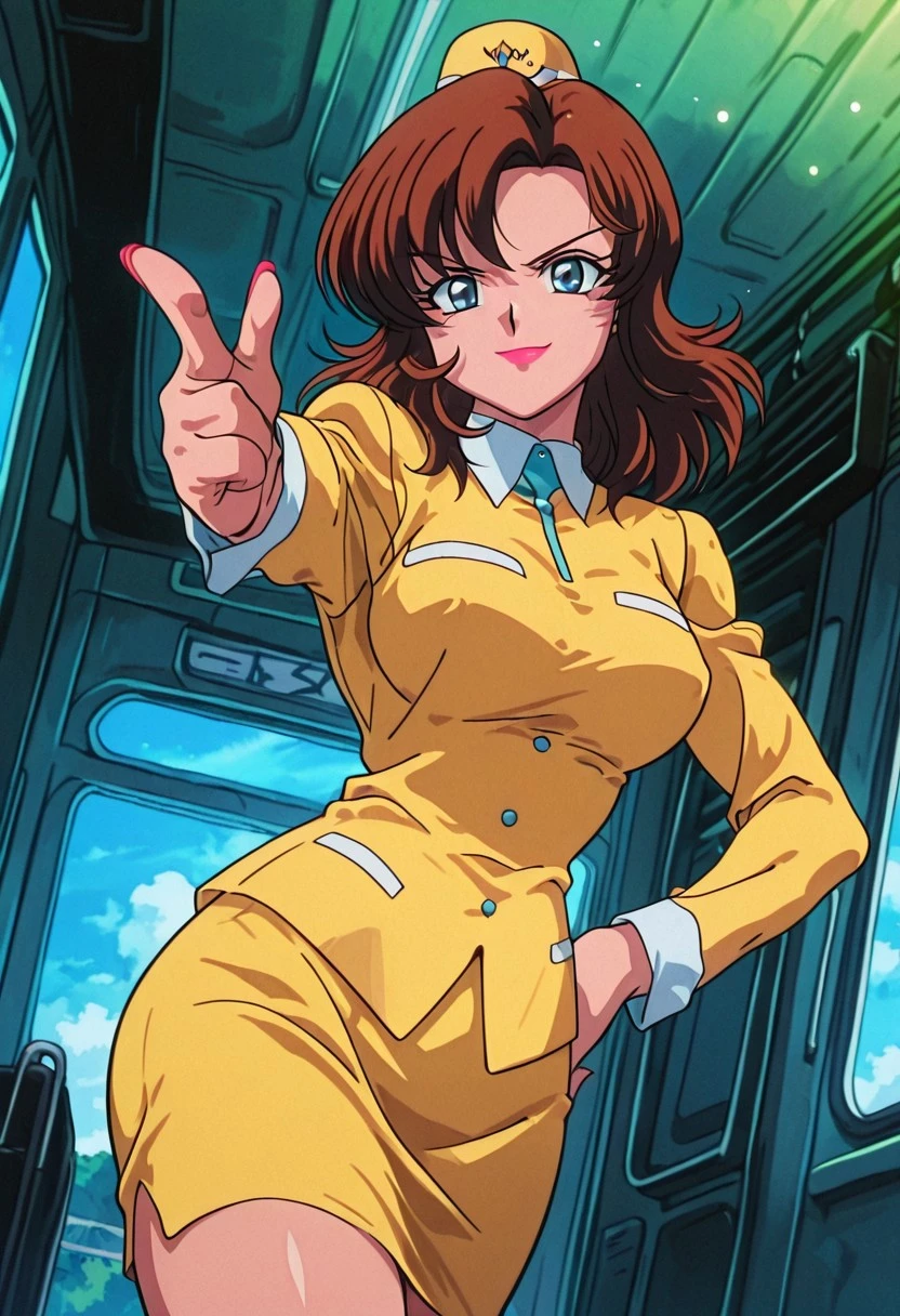 CocoLooHxH, 1girl, solo, voluptuous figure, hat, brown hair, medium hair, bangs, large eyes, blue eyes, full lips, lipstick, bus tour guide uniform, white collar, yellow jacket,  yellow pencil skirt, large breasts, thick thighs, white shoes, high heels,
masterpiece, best quality, fine details, intricate details, depth of field, subsurface scattering, bokeh, ultra-detailed, very aesthetic, detailed background, newest, scenery, highres, absurdres, colorful, vibrant, glowing, perfect face, 2d, perfect eyes,  vibrant saturated colors, volumetric lighting, sharp, detailed eyes, perfect anatomy,  perfect face, perfect eyes, mature body, clear eyes, beautiful eyes, athletic, curvy body, athletic girl, perky tits, perfect tits, round breasts, pinup pose, teasing, lustful expression, perfect hands, 
muscular female, dutch angle,  dynamic pose,
hand forward, finger gun gesture, aiming at viewer, hand on own hip, head tilt, happy, giggling, voluptuous, covered nipples
,Smooth Negative, Smooth_Quality, 
90s_anime_aesthetic, 1990s (style), retro, retro artstyle,dark_fantasy_style, dark fantasy, retro,