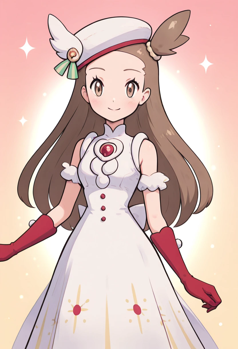 masterpiece, best quality, solo, curvy, beautiful eyes, narrow waist, wide hips, 1girl, solo, smile, looking at viewer, zzJasmine, brown eyes, brown hair, long hair, one side up, sleeveless dress, white dress, white headwear, red gloves, <lora:JasmineHoliday2022Pokemon_IXL_dataset:1.0>, , solo, looking at viewer, smile, k4w4iim1r41, cute outfit, pastel, <lora:KawaiiMirai_IXL:1.0>,