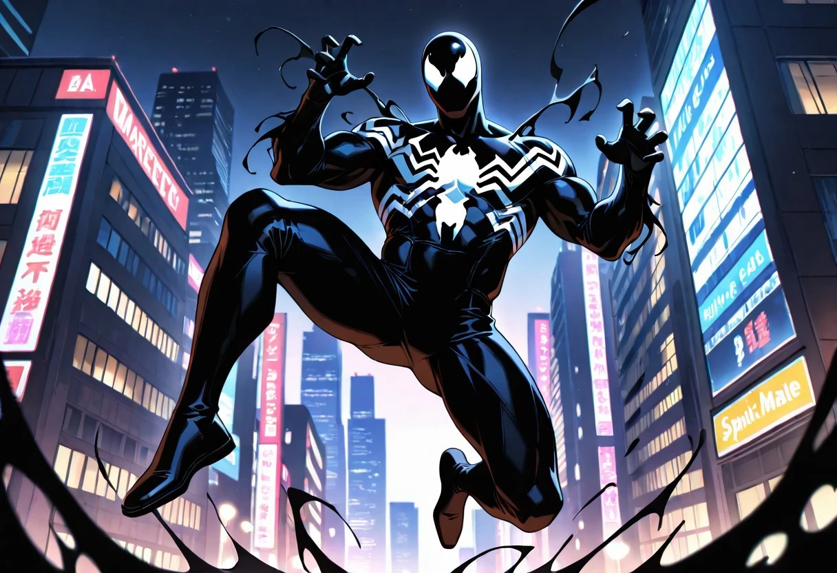 ultimatesymbiote/(marvel)/, symbiote, bodysuit, blacksuit, mask, spiderprint, whiteprint, muscular, 1boy, solo,
front view, superhero pose, jumping,
4k, best quality, highly detailed, lights details, high resolution, high quality, perfect quality
masterpiece, best quality, amazing quality, very aesthetic, highres, absurdres
night, city, 
4k, best quality, highly detailed, lights details, high resolution, high quality, perfect quality, vivid color, vibrant, highly detailed,