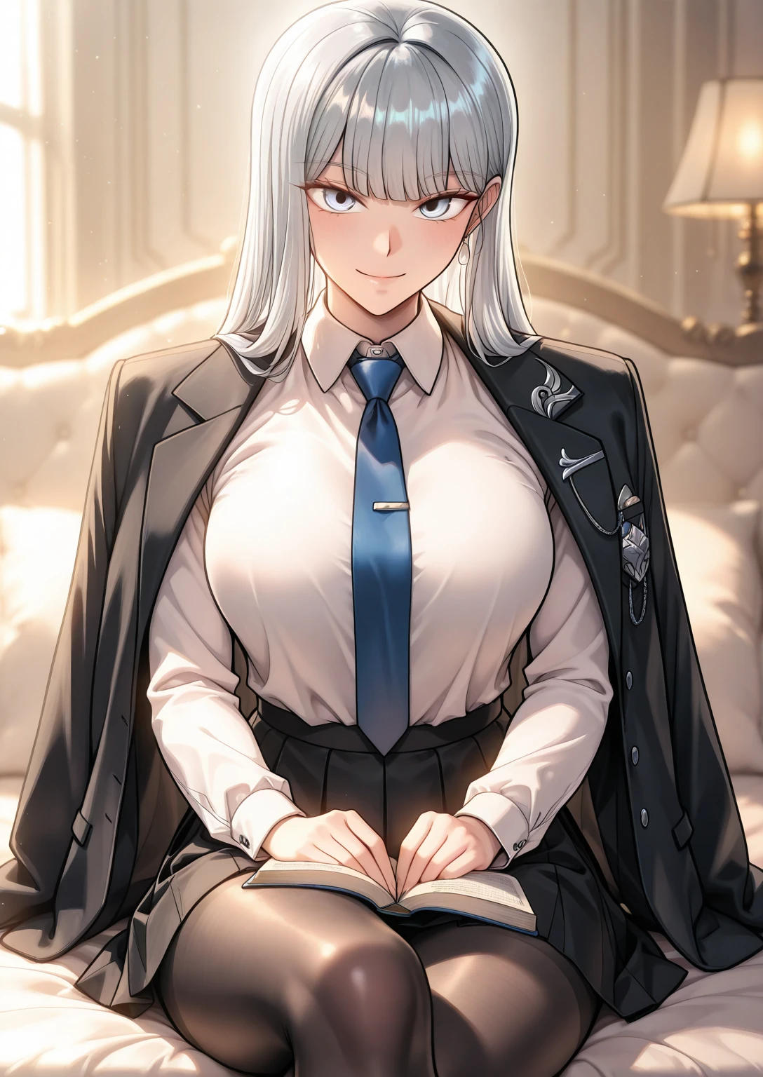 1girl, solo, bedroom, sitting cross-legged, holding book, looking at viewer, smile, closed mouth
BREAK
<lora:Serenade-000008:0.8>, Serenade, silver hair, long straight hair, grey eyes, blunt bangs, white shirt, blue tie, black blazer, black skirt, black tights
<lora:illustriousXLv01_stabilizer_v1.165c:0.5>, <lora:cfg_scale_boost:0.5>, <lora:Hata4564:0.25>, masterpiece, best quality, amazing quality, very aesthetic, absurdres, newest,