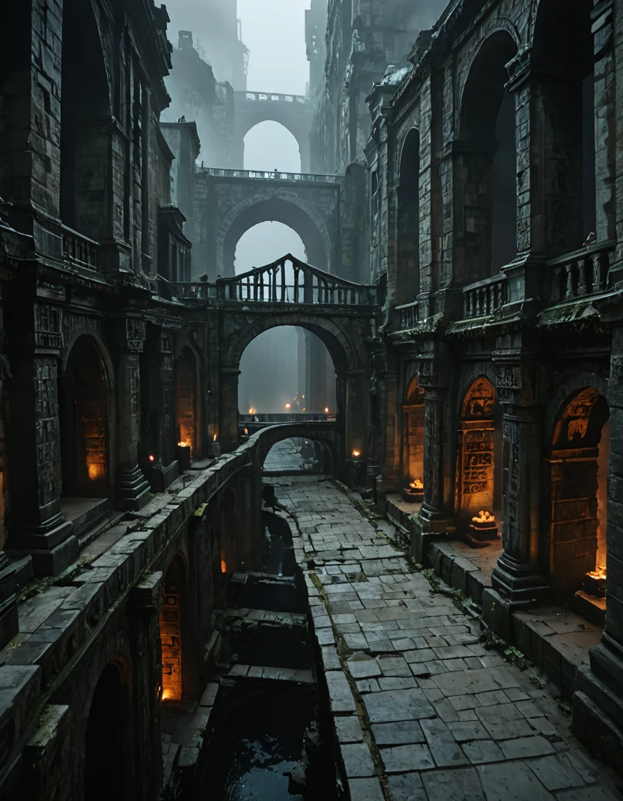 <lora:MW_Dwarven_p1_pony:1> mwd01d, dark dwarven underground massive hall, wide stone columns, suspended bridge pathway in the shadows, over an endless foggy precipice, deep underground, pitch black,