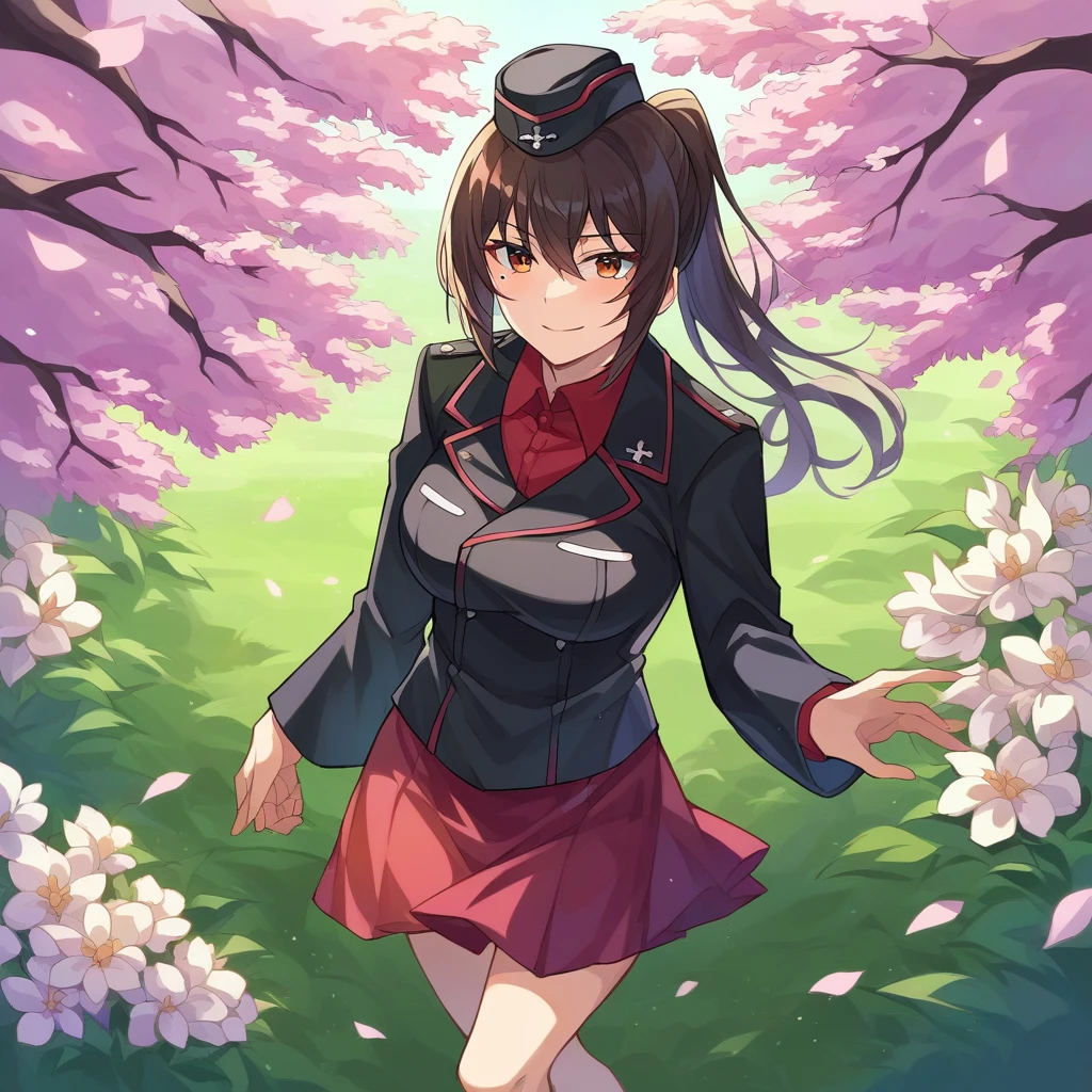 score_9,score_8_up,score_7_up,source_anime,outdoors,cherry blossoms,standing,cowboy shot,smile,flower field,from above,(merrow),Hair between the eyes,Mole under left eye,beautiful girl,skinny,ponytail,
<lora:GUPMaho:0.5>,BBMiho,1girl,nishizumi maho,kuromorimine military uniform,military hat,red shirt,black headwear,black jacket,long sleeves,garrison cap,dress shirt,insignia,wing collar,red skirt,<lora:merrow_pony_v1:1>,
