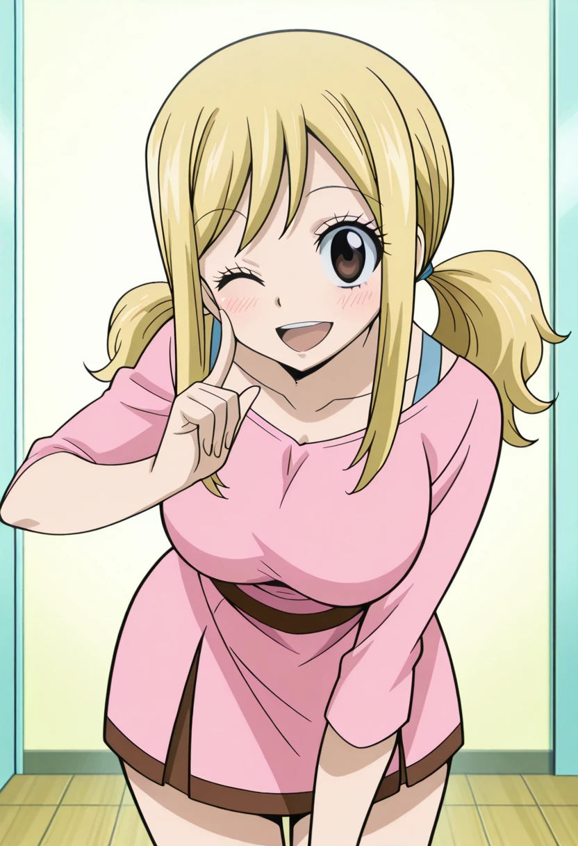 masterpiece, best quality, amazing quality,, <lora:lucy-heartfilia-s1s3s7-illustriousxl-lora-nochekaiser:1>, lucy heartfilia, twintails, low twintails, sidelocks, blonde hair, brown eyes, long hair, mature female, , anime screencap, <lora:alyas-finger-to-cheek-illustriousxl-lora-nochekaiser:1>, finger to cheek, solo, looking at viewer, blush, smile, open mouth, standing, one eye closed, hand up, leaning forward, index finger raised,, , ,