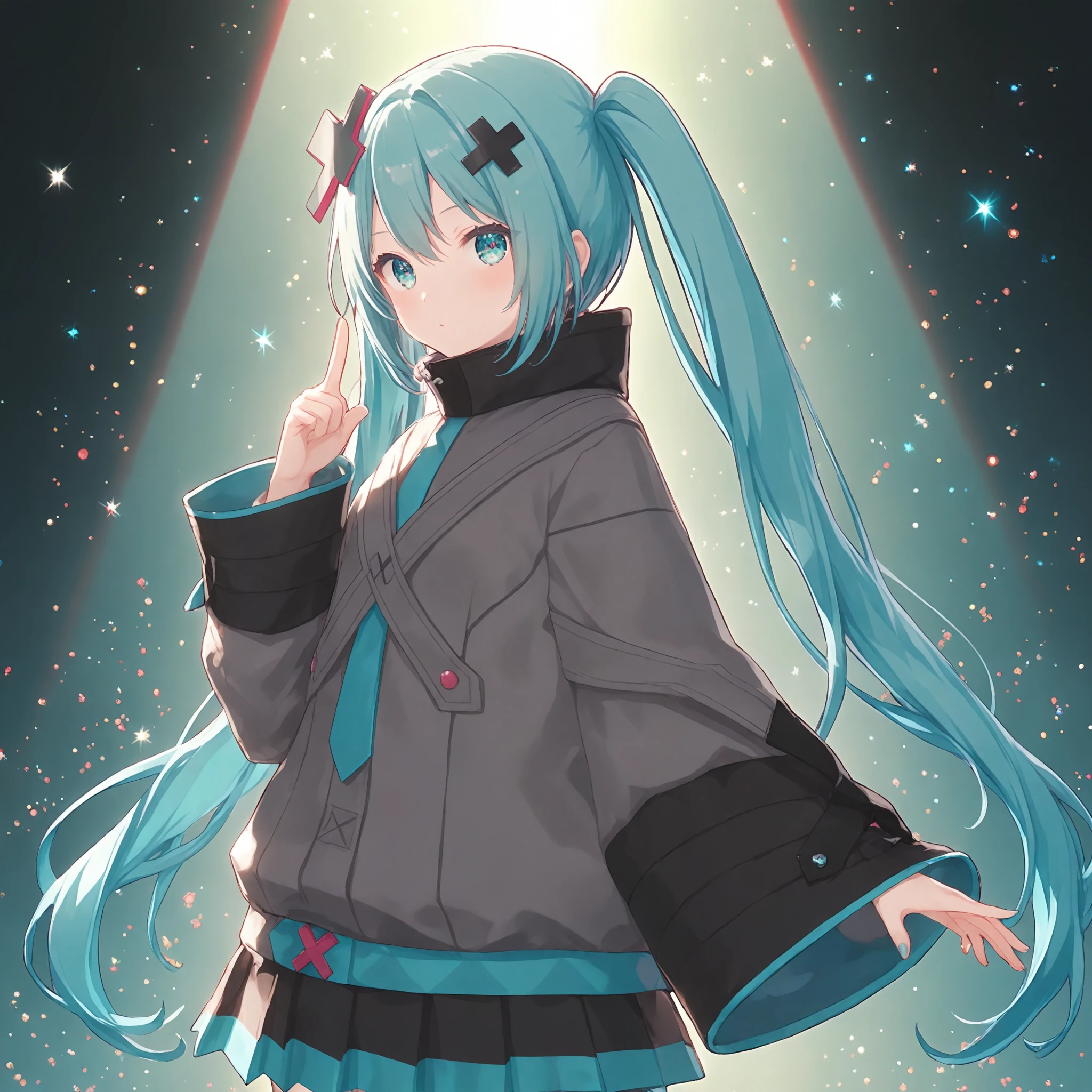 safe_Pos, score_9, score_8_up, score_7_up, source_anime,
1girl, (hatsune miku:0.015), project sekai, solo, four fingers ant thumb, cowboy shot, from side,
closedcross, very long hair, twintails, aqua hair, aqua eyes, detailed eyes, :o, dot nose,
looking at viewer, standing, hand up, index finger raised,
pleated skirt, asymmetrical pantyhose, x hair ornaments, black pantyhose, black skirt, wide sleeves, necktie, neon trim, grey jacket, coat, sleeves past wrists, miniskirt, aqua necktie,
dark, stage, stage light, neon light,
nijistyle, masterpiece, best quality, amazing quality, very aesthetic,
<lora:hand 5.5:1>, <lora:Pony-style-nijistyle01:0.6>, <lora:Pony-style-JWST01:0.2>,
<lora:Pony-vs-ClosedCross03:0.7>