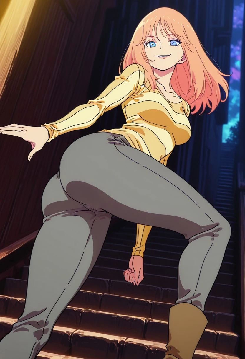 FlareMS, 1girl, solo, pale orange hair, long hair, bangs, pale blue eyes, lips, large breasts,  thick thighs, collarbone, yellow striped shirt, grey pants, boots,
masterpiece, best quality, fine details, intricate details, depth of field, subsurface scattering, bokeh, ultra-detailed, very aesthetic, detailed background, newest, scenery, highres, absurdres, colorful, vibrant, glowing, perfect face, 2d, perfect eyes,  vibrant saturated colors, volumetric lighting, sharp, detailed eyes, perfect anatomy,  perfect face, perfect eyes, mature body, clear eyes, beautiful eyes, athletic, curvy body, athletic girl, perky tits, perfect tits, round breasts, pinup pose, teasing, lustful expression, perfect hands, 
muscular female, dutch angle,  dynamic pose,
unique pose, girl focus, posing,naughty smile, climbing the stairs, view from below,dat ass, ass focus, huge butt,
,Smooth Negative, Smooth_Quality, 
dark_fantasy_style, dark fantasy, retro,