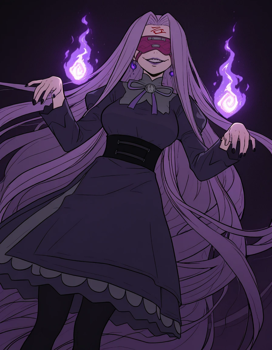 <lora:Utility_-_Detail_Enhancer_by_BSS_v2:0.75>, <lora:Utility_-_Visual_Enhancer_by_BSS:0.75>, 1girl, <lora:Character_-_Hex Maniac_from_Pokemon_ILXL:0.7>, makeup, lipstick, purple lips, ringed eyes, @_@, eyebags, eyeshadow, black nails, nail polish, purple nails, long sleeves, purple ribbon, jewelry, earrings, puffy sleeves, neck ribbon, juliet sleeves, black corset, grey dress, purple dress, black dress, frilled dress, frills, black pantyhose, purple flames, magic, spooky, dramatic lighting, dark background, detailed shading, horror \(theme\), intricate design, hand gestures, ghost pose, hands up, crooked smile, looking at viewer, floating flames, high contrast, gothic fashion, dark atmosphere, mysterious, ethereal glow, mystical, detailed_hands, elegant_fingers, dynamic angle, unusual angle, cosplay, alternate costume , sk3m4nt1s, flat color, <lora:Artist_Style_-_Like_Skemantis_ep10_by_ME_ILXL:0.7>,, (masterpiece, best quality, ultra-detailed, absurdres, newest, detailed textures, correct anatomy:1),, medusa \(rider\) \(fate\), absurdly long hair, purple hair, parted bangs, sidelocks, forehead mark, blindfold, medium breasts