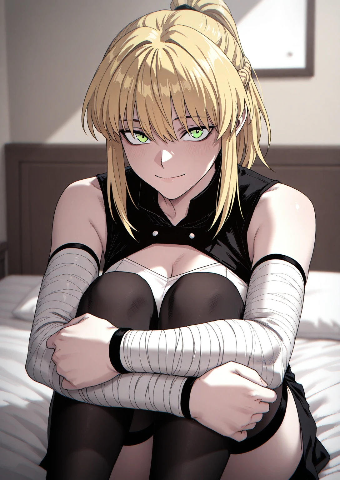1girl, solo, bedroom, sitting on bed, knees up, arms wrapped around legs, looking at viewer, smile, closed mouth
BREAK
<lora:Candentia:0.8>, Candentia, blonde hair, ponytail, green eyes, sleeveless black top, fitted white outfit, white bandages, black skirt, black stockings,
<lora:illustriousXLv01_stabilizer_v1.165c:0.5>, <lora:cfg_scale_boost:0.5>, <lora:Hata4564:0.25>, masterpiece, best quality, amazing quality, very aesthetic, absurdres, newest,