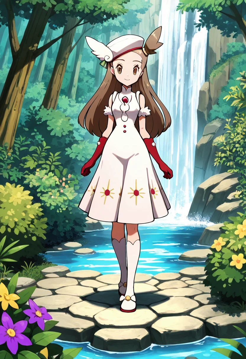 masterpiece, best quality, solo, curvy, beautiful eyes, narrow waist, wide hips, 1girl, solo, smile, looking at viewer, zzJasmine, brown eyes, brown hair, long hair, one side up, sleeveless dress, white dress, white headwear, red gloves, <lora:JasmineHoliday2022Pokemon_IXL_dataset:1.0>, , solo, outdoors, purple flower, sleeping, stepping stones, tree, white flower, yellow flower, closed mouth, closed eyes, plant, bush, waterfall, river, forest,